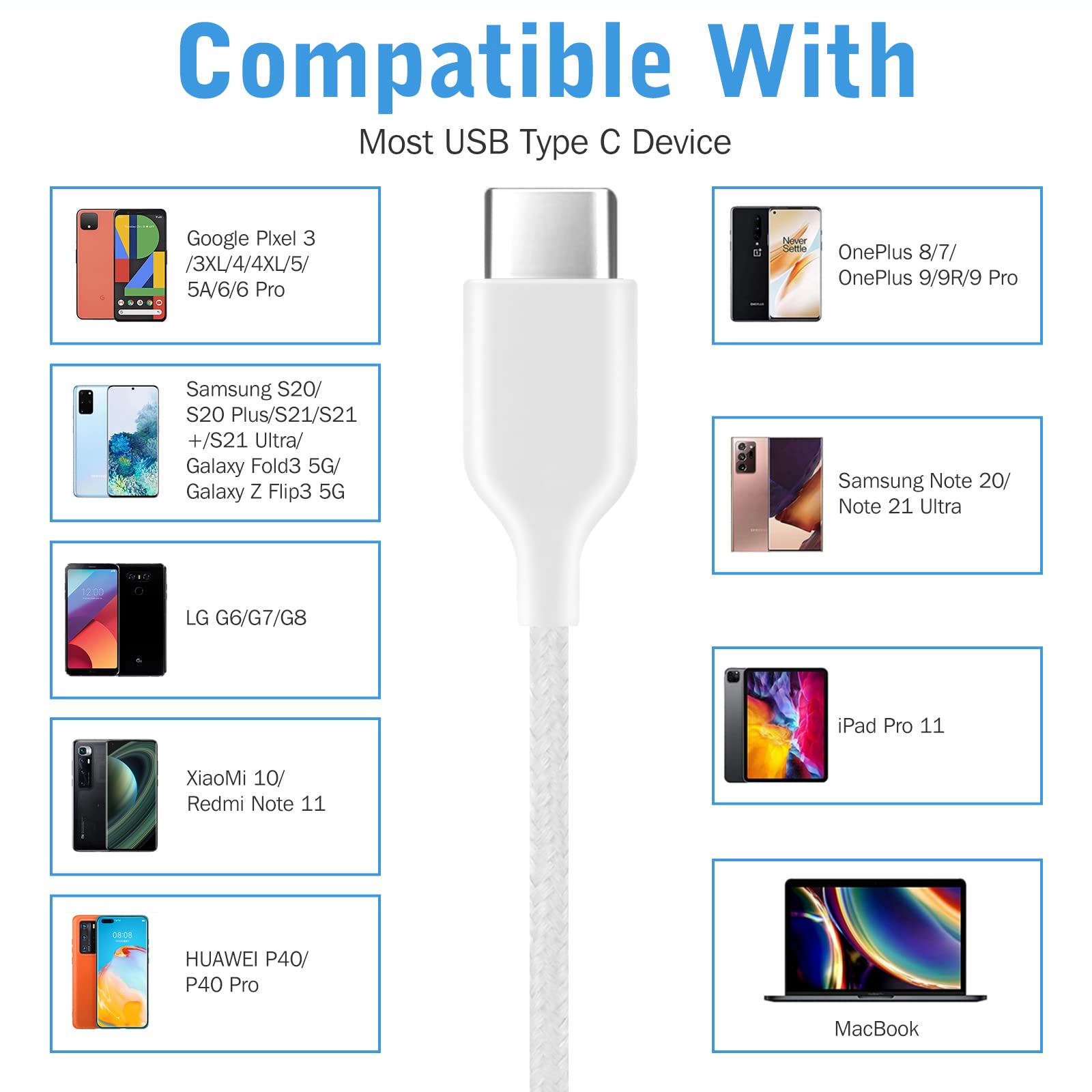 UrbanX OEM 2021 Type-C Stereo Headphones with Microphone - Braided Cable USB-C Wired Earbuds for Meizu 18s Pro - White (US Version) - Perfect for Gaming, Music & Phone Calls