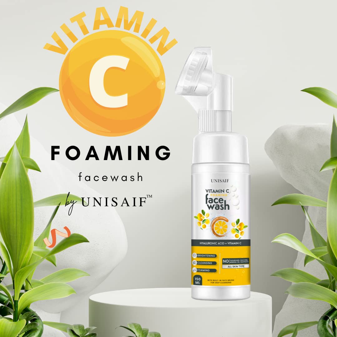 Unisaif Vitamin C Foaming Face Wash with Soft Brush - Brightening Cleanser for Women & Men | Pigmentation Treatment for Combination Skin | 150ml | Perfect for Daily Skincare Routine & Acne-Prone Skin Care