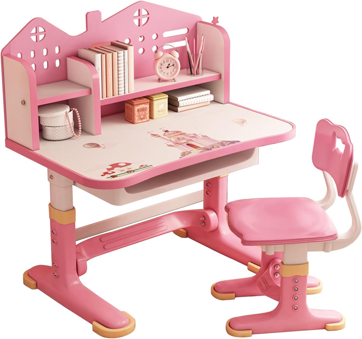 Kids Study Desk and Chair Set with Golden Distance Design - Adjustable Height Writing Table for Boys & Girls, Homeschooling & Learning Furniture (Pink) - Perfect for Bedroom, Playroom & Online Classes