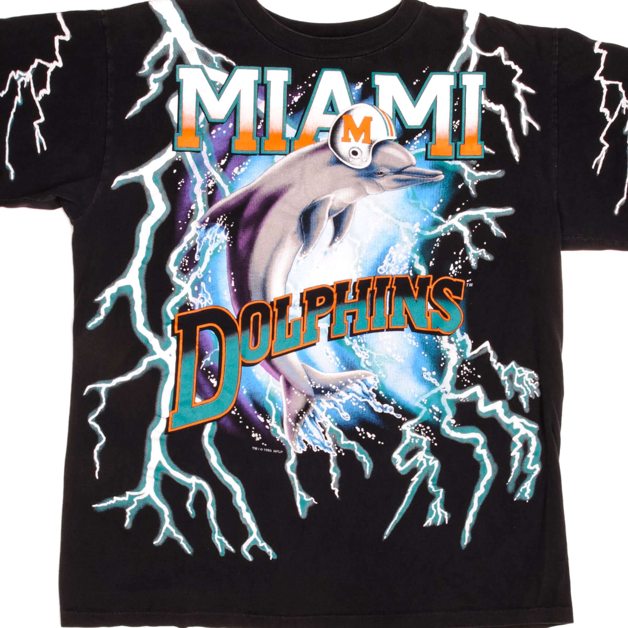 Vintage 1993 NFL Miami Dolphins Thunder All Over Print Tee Shirt - Large Size, Made in USA - Perfect for Game Day, Sports Fans & Retro Fashion Lovers