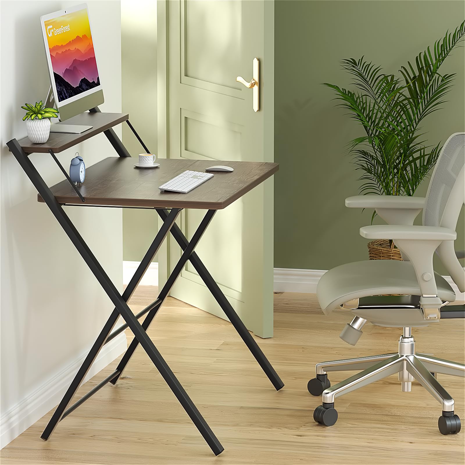 GreenForest Folding Computer Desk - No Assembly Required, 2-Tier Design with Shelf, Space-Saving Small Foldable Desk (32 x 24.5 inches, Brown) - Perfect for Home Office, Dorm Room & Small Spaces