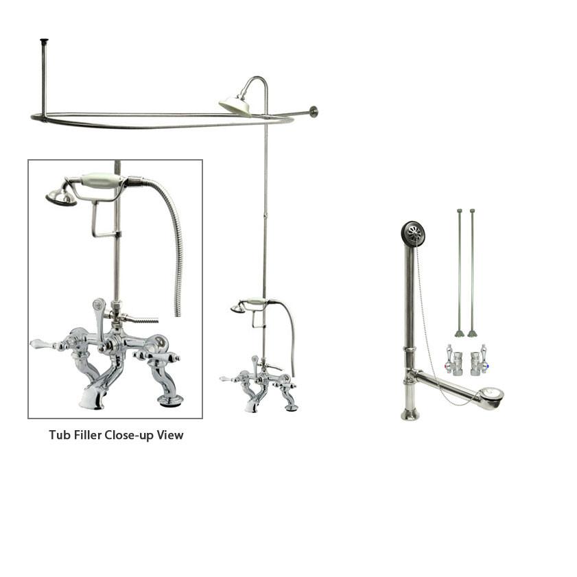 Vintage Chrome Clawfoot Bathtub Faucet Shower Kit with Enclosure & Curtain Rod - 410T1CTS - Perfect for Classic Bathroom Renovations and Freestanding Tub Installations