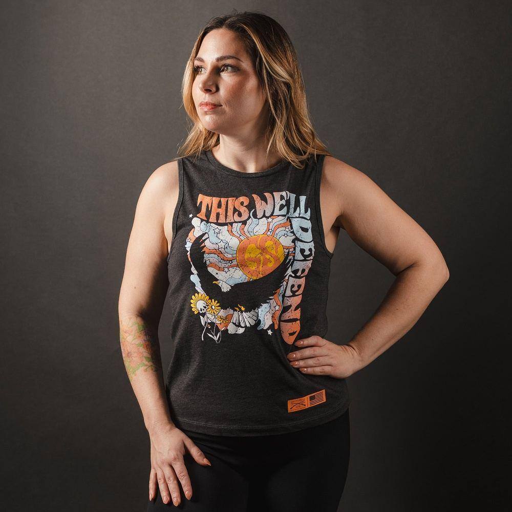 Women's Trippy Eagle Graphic Everyday Tank Top - Dark Heather Gray - Casual Wear, Music Festivals & Street Style