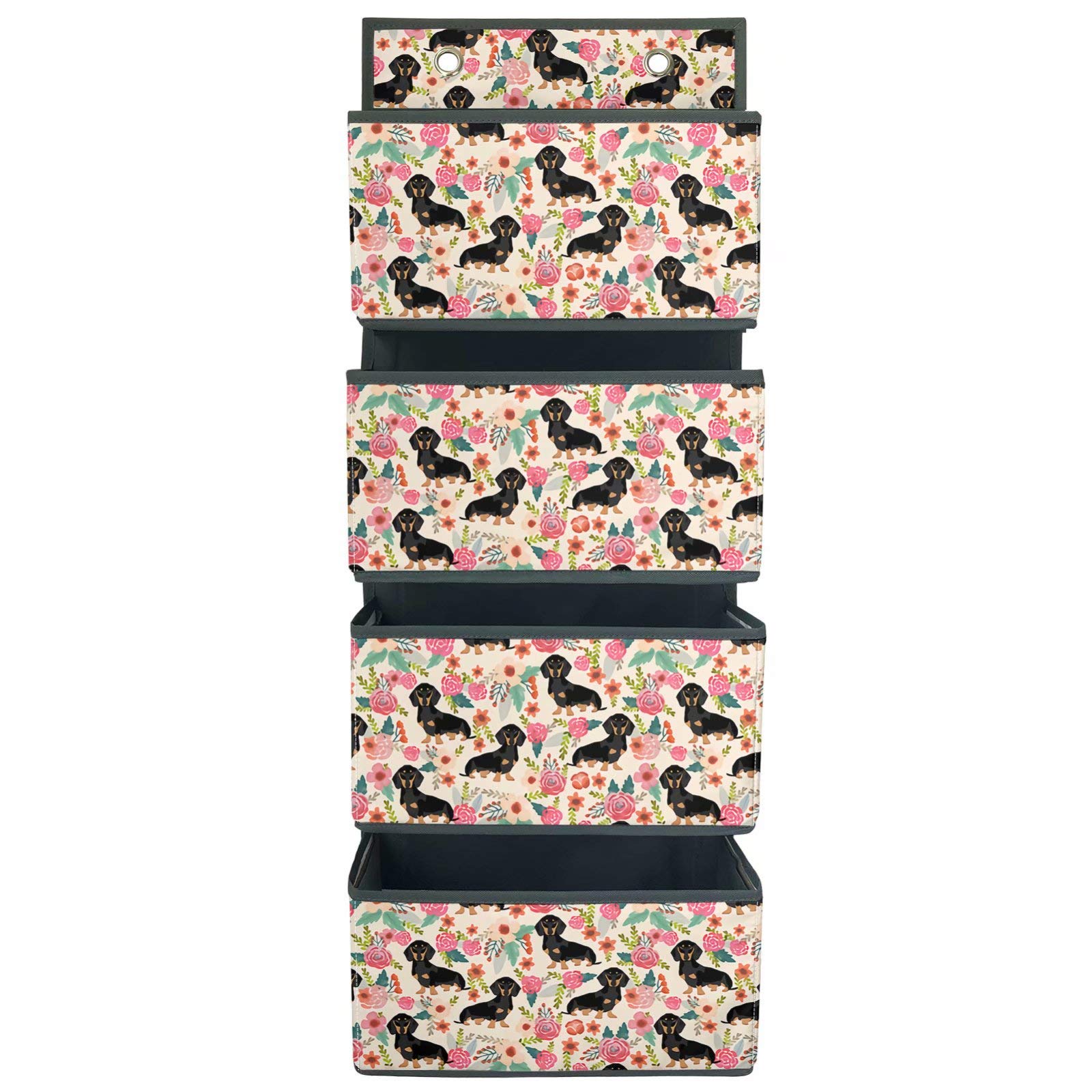 Floral Dachshund Over-The-Door Hanging Organizer with 4 Large Pockets & 2 Hooks - Wall Storage Pouch for Cosmetics, Pantry, Nursery, Bathroom, Closet & Dorm - Light Pink - Perfect for Small Space Organization & Home Decor