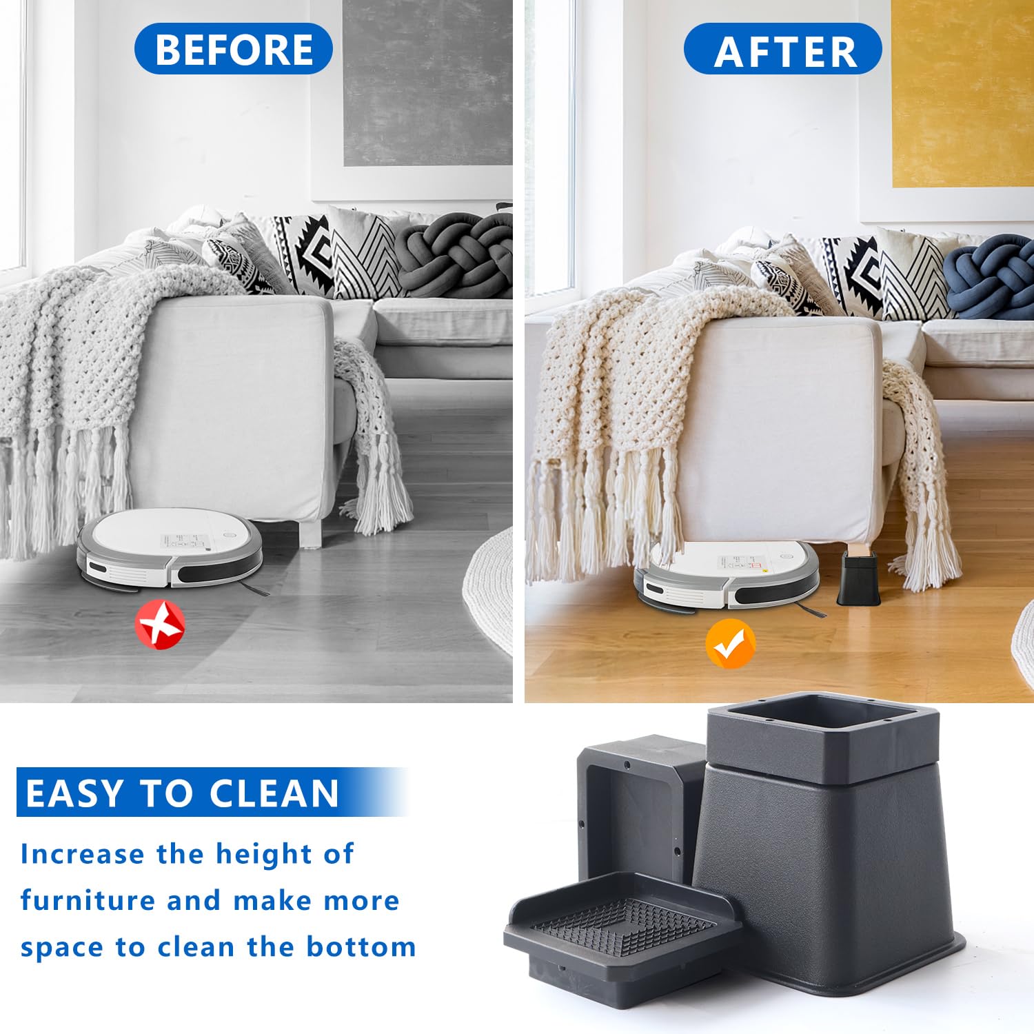 Heavy Duty Adjustable Bed Risers 3-7 Inch - L Shape Furniture Risers for Beds, Tables, Couches, Sofas, Desks & Cabinets (Black) - Perfect for Home, Office & Dorm Room Organization & Space Saving