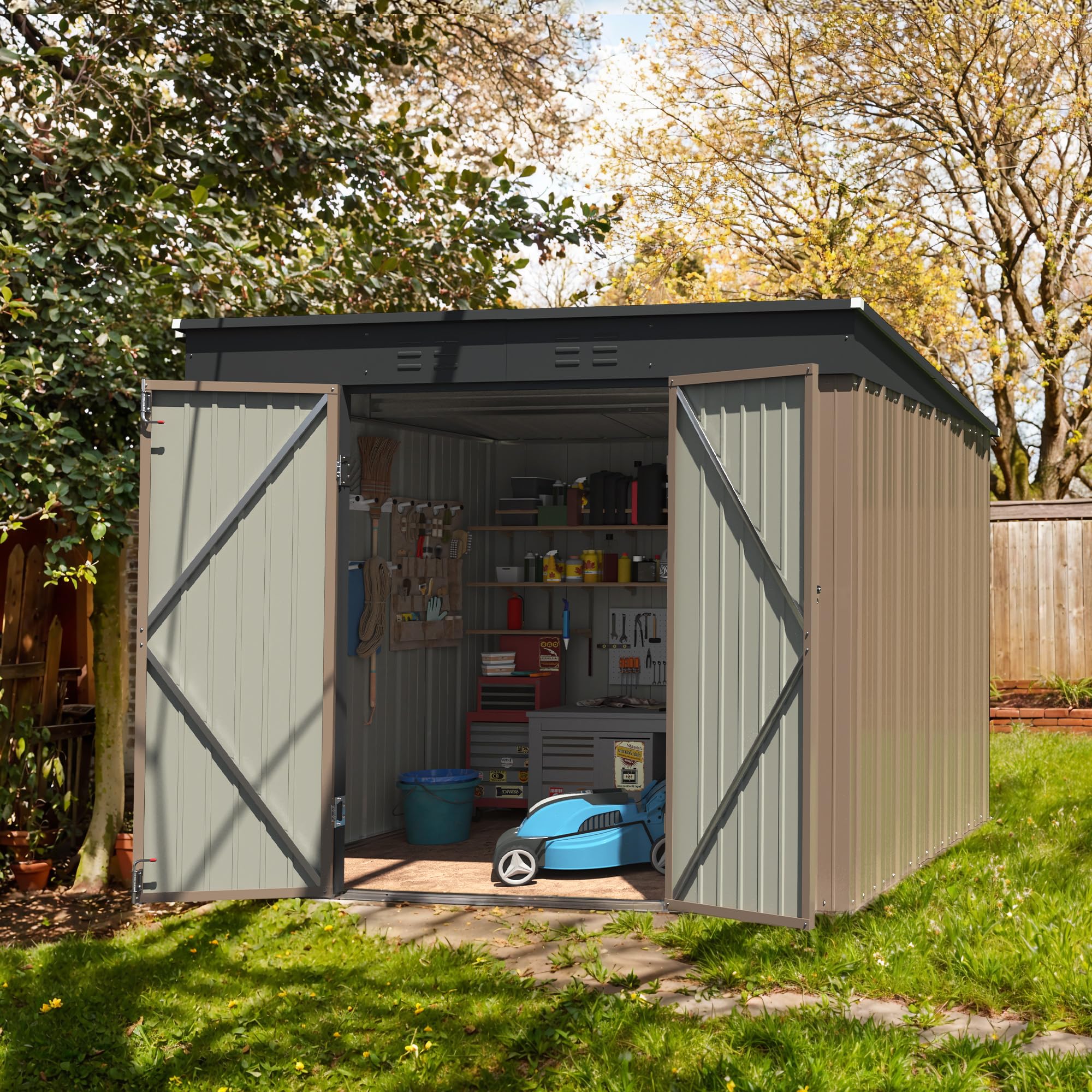 Greesum 6x8 ft Outdoor Storage Shed - Metal Utility Tool Shed with Lockable Door for Garden & Patio Storage (Brown) | Perfect for Backyard Organization, Lawn Equipment & Seasonal Item Storage