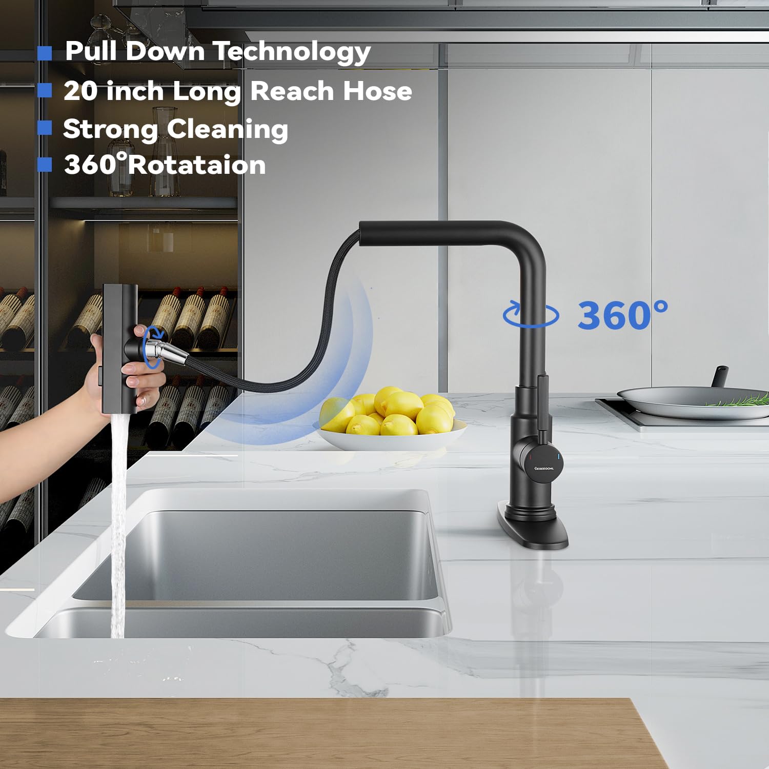 360° Rotatable Black Waterfall Kitchen Faucet with 3-Function Pullout Sprayer - Single Handle Design for 1 or 3 Hole Installation - Perfect for Modern and Farmhouse Kitchen Sinks