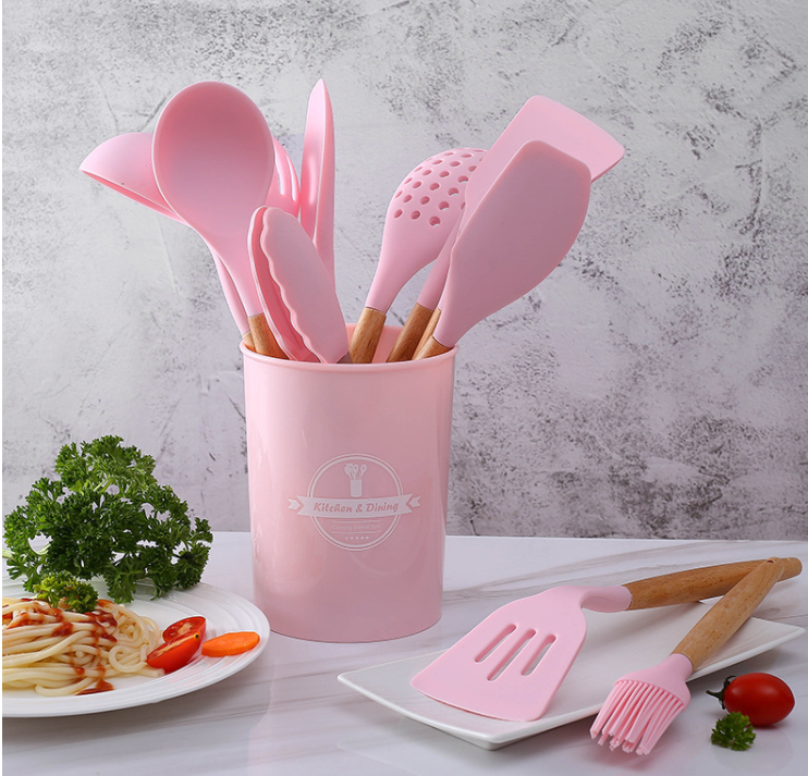 12-Piece Pink Silicone Kitchen Utensil Set - Non-Slip Heat Resistant Cooking Tools for Baking, Stirring & Serving - Perfect Gift for Home Chefs
