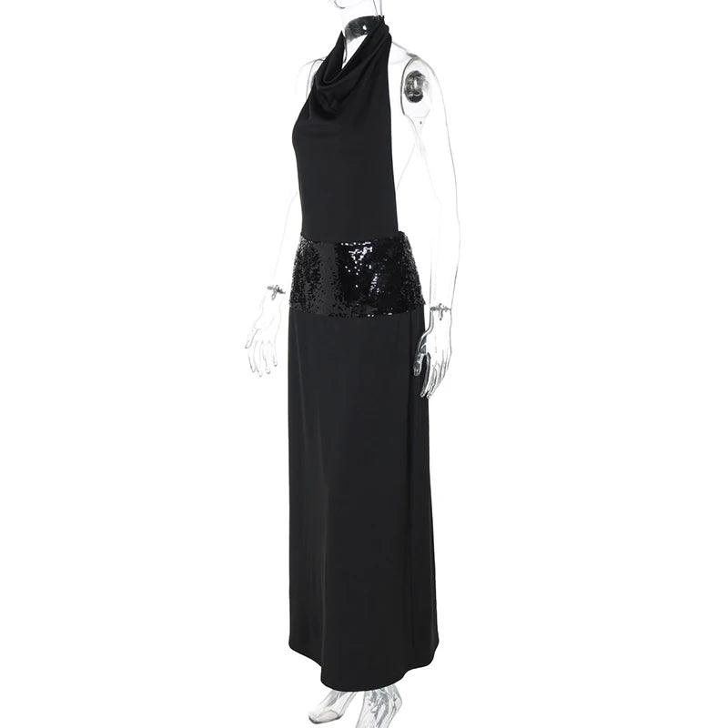 Elegant Black Halter Backless Glitter Maxi Dress for Women - High Waist Sleeveless Long Gown for Evening Party, Prom, Wedding Guest & Special Occasions