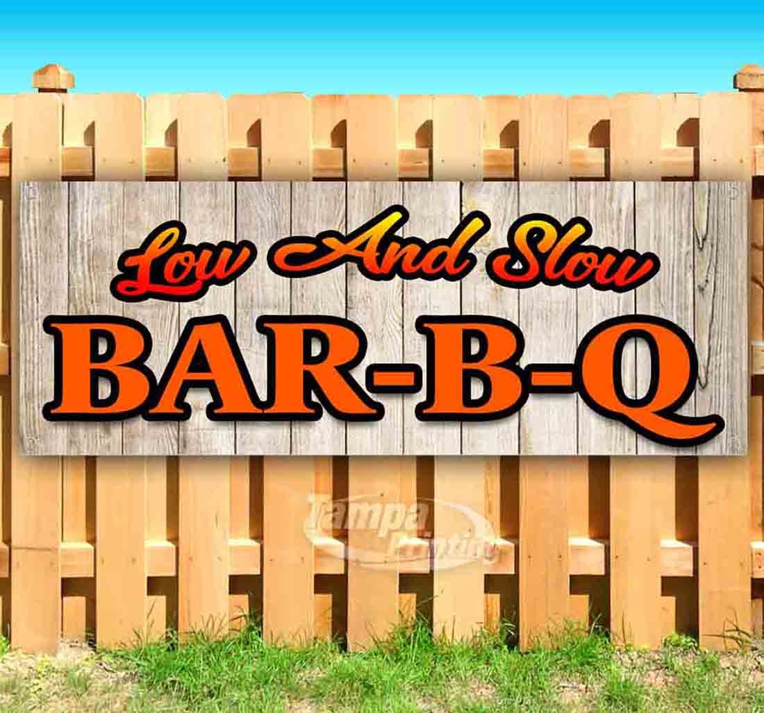 Low & Slow BBQ Banner 13 oz - Heavy-Duty Vinyl Single-Sided Sign with Metal Grommets | Weatherproof Outdoor Party & Tailgate Decor | Perfect for BBQ Events, Backyard Gatherings & Restaurant Promotion