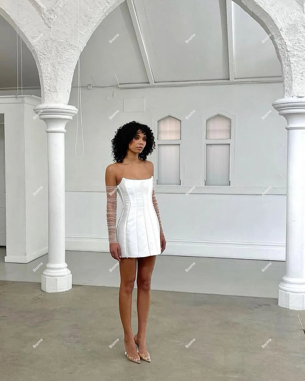Strapless Mini Wedding Dress with Pearls & Boning - Elegant Bridal Gown for Brides, Evening Parties & Special Occasions | Perfect for Weddings, Proms, Cocktail Events & Formal Dinners