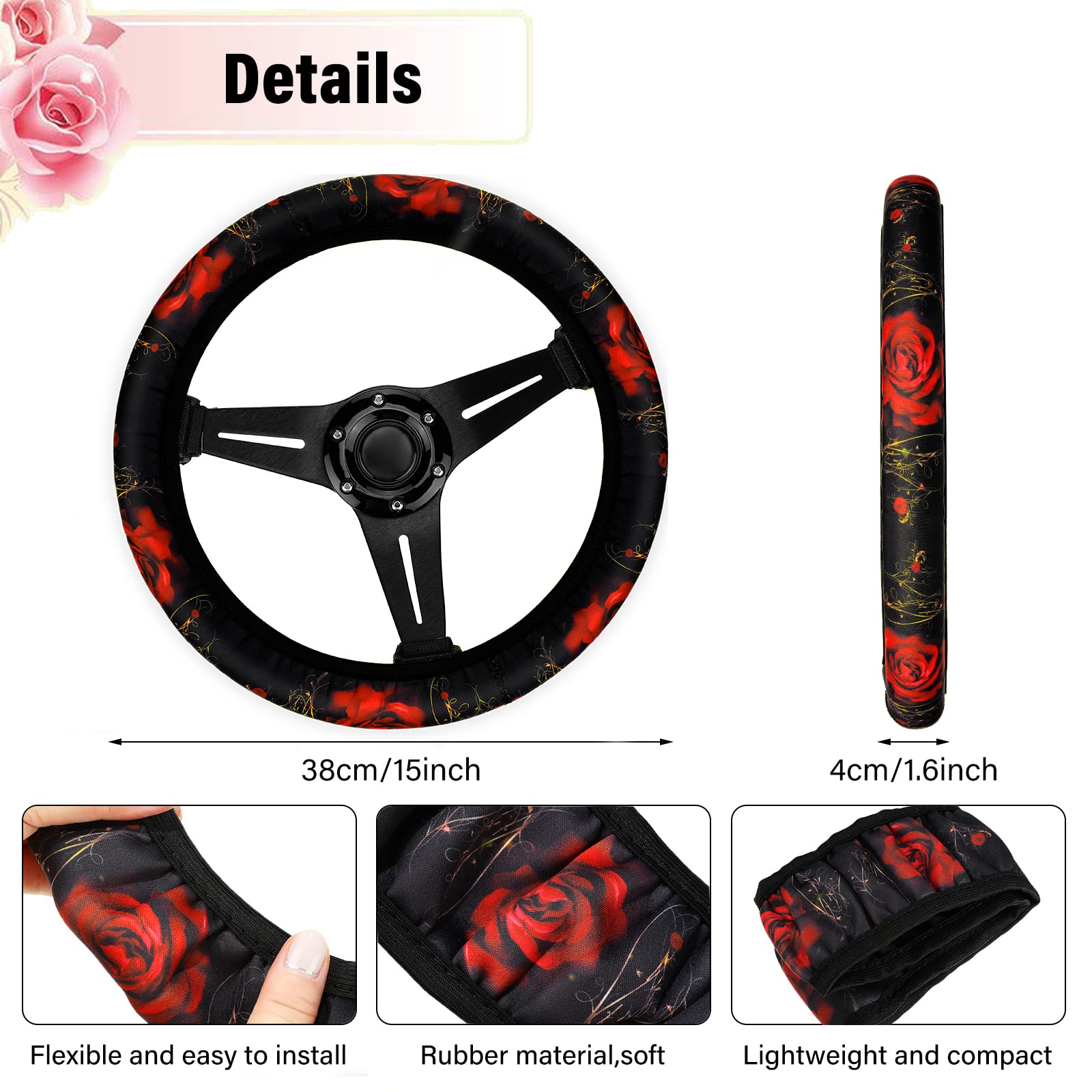 15-Piece Rose Flower Car Seat Cover Set for Women - Universal Fit with Steering Wheel & Armrest Covers - Premium Polyester Fabric (Red) - Perfect for Daily Commute, Road Trips & Car Interior Decoration