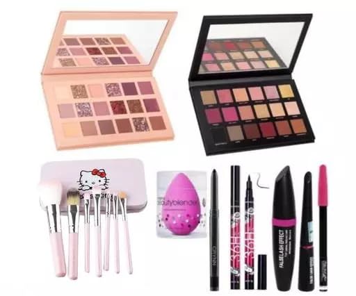 Kamz Beauty 18-Color Eyeshadow Palette Set - Nude & Rose Gold Shades with 7 Brushes, Eyeliner, Kajal, 3-in-1 Mascara & Beauty Blender (15-Piece Makeup Kit) - Perfect for Professional Makeup, Bridal Looks & Everyday Glam