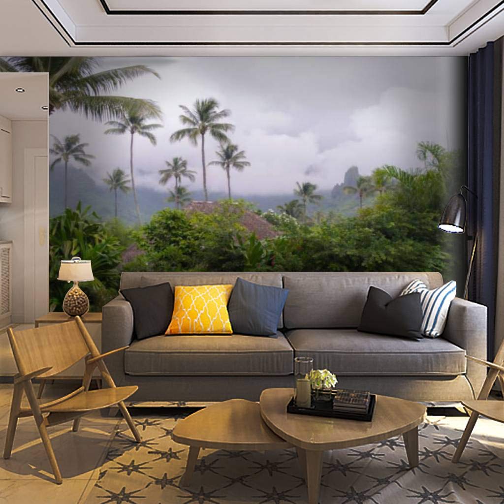 Self-Adhesive Tropical Rainforest Wall Mural - Removable Peel & Stick Wallpaper Decor Featuring Moorea Island Before Rainstorm | Perfect for Living Room, Bedroom & Home Office Decoration