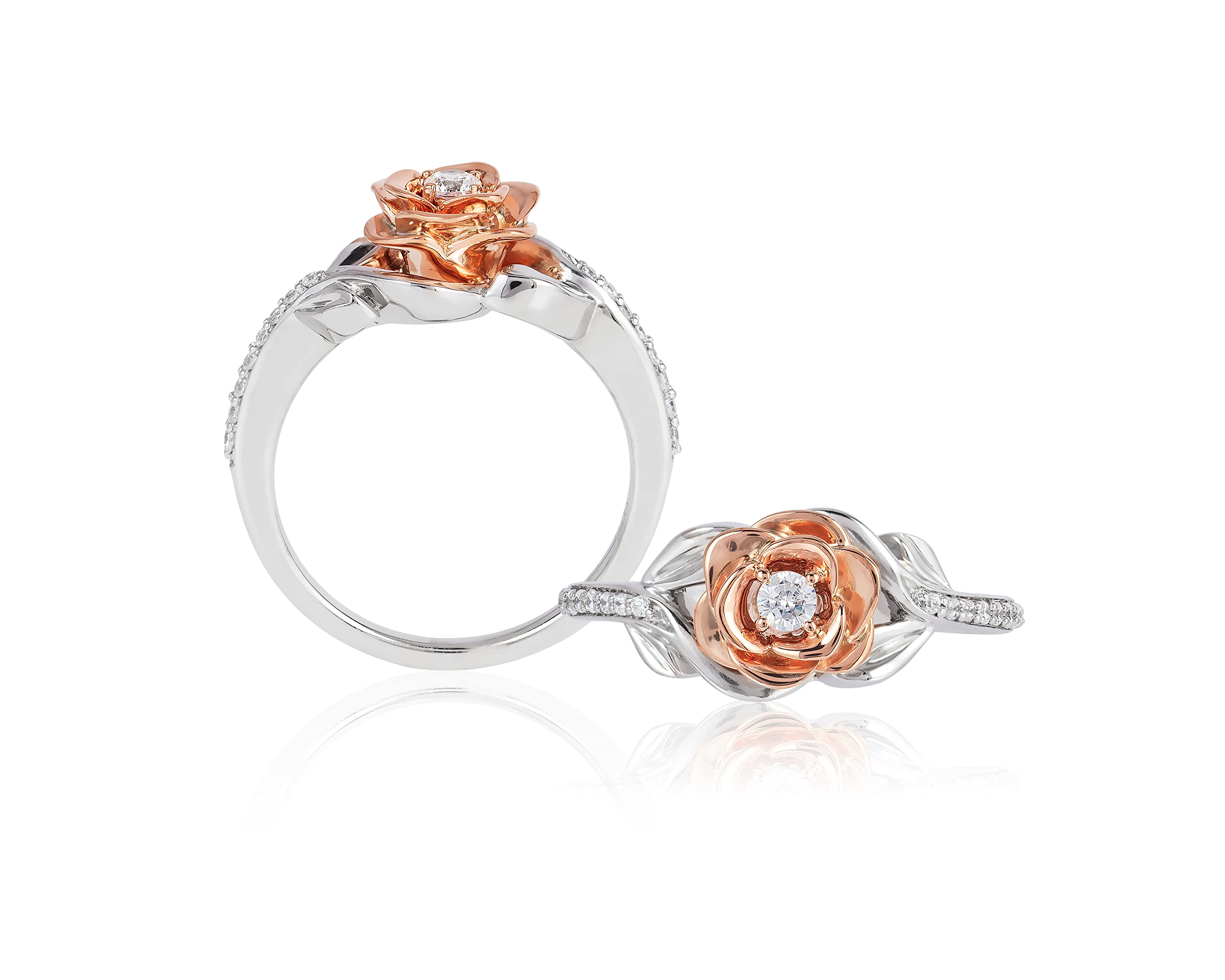 Enchanted Disney Belle Rose Ring - 10K White Gold & Rose Gold, 1/5 Cttw Diamond Jewelry | Elegant Gift for Disney Fans, Anniversary & Special Occasions