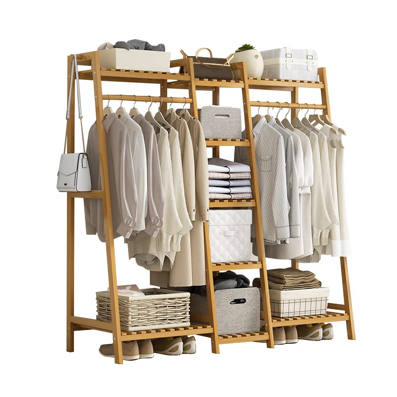 Portable Bamboo Clothes Rack with 2 Shelves, Multifunctional Floor Standing Garment Rack, Easy to Assemble (130x40x140cm) - Perfect for Bedroom, Closet Organization & Small Space Storage