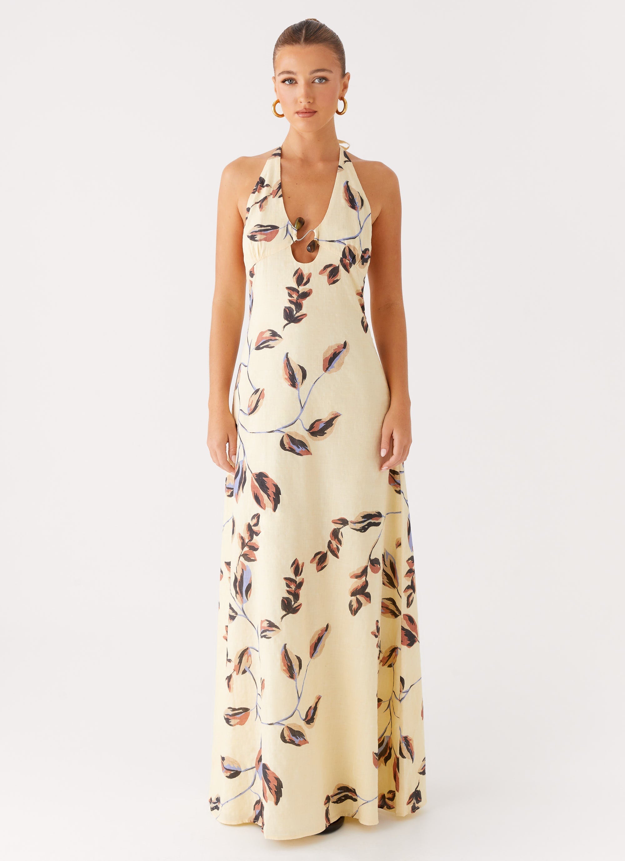 Elvina Halter Neck Maxi Dress - Buttercream Bliss | Elegant Summer Beach Wedding Guest Dress | Boho Chic Flowy Long Dress for Women