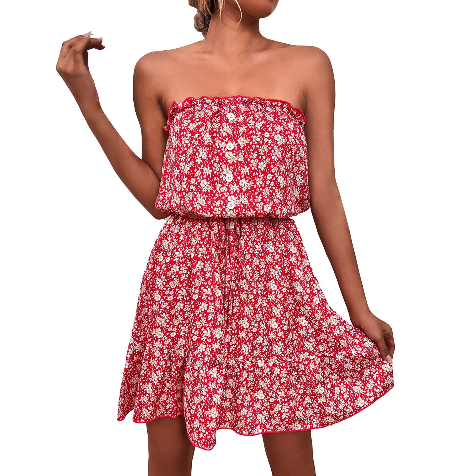 UIKMNH Women's Floral Lace Bandeau Dress - Sleeveless Beach Cover Up, Summer Vacation Dress with Agaric Trim for Travel, Pool Party & Casual Outings