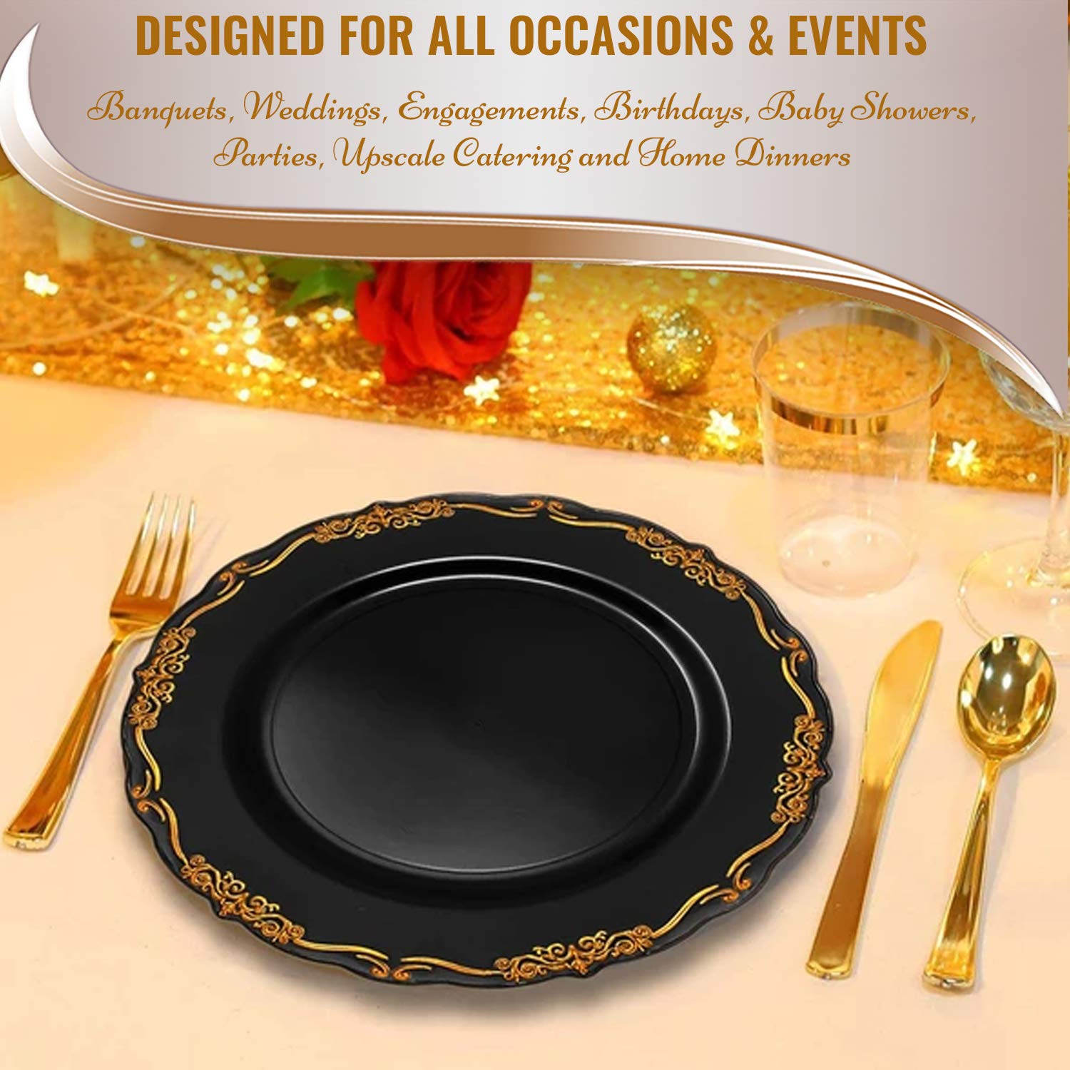 Elegant Disposable Plastic Plates for Party - Black & Gold, 120 Pack (7.5