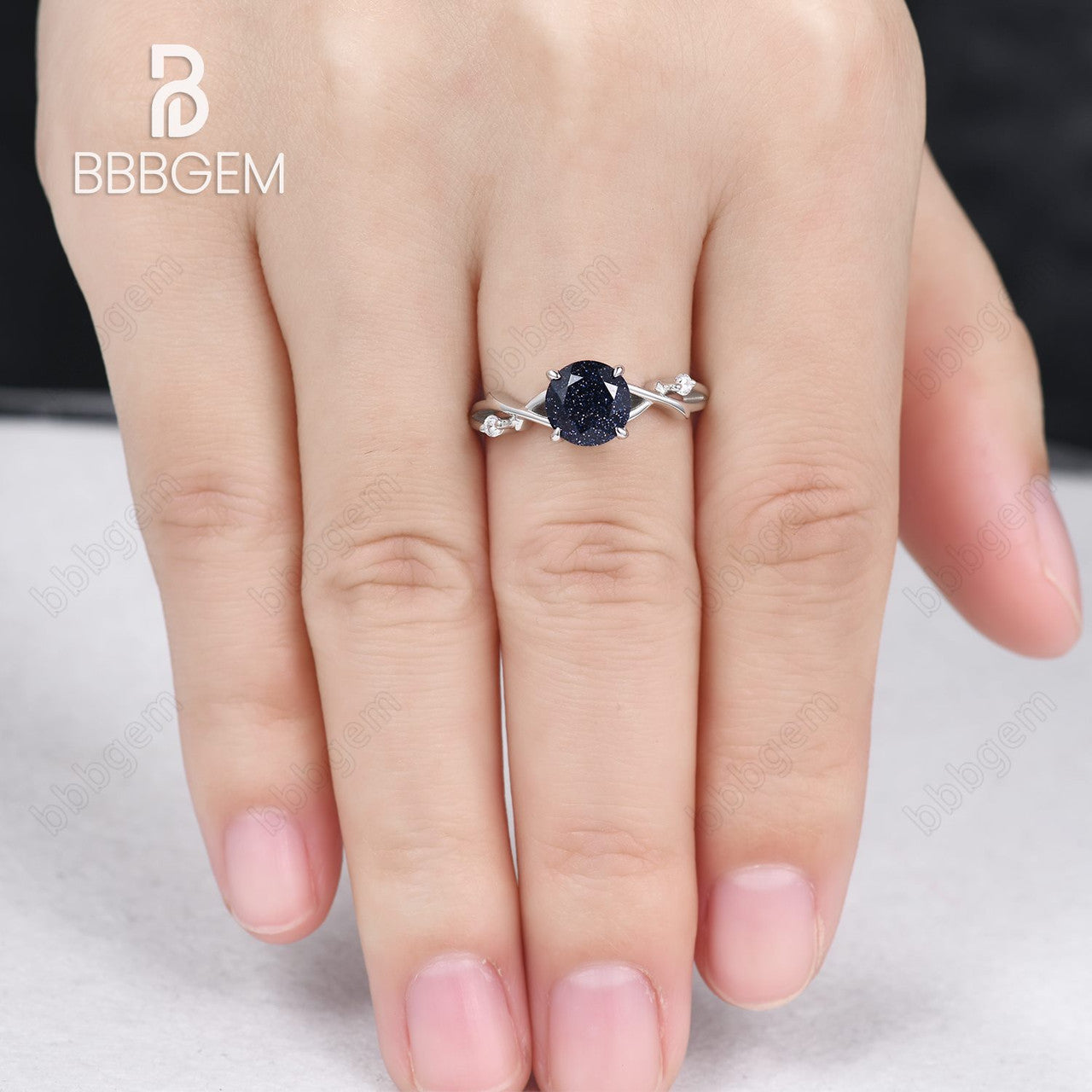 925 Sterling Silver Round Natural Blue Sandstone Ring - White Gold Plated Petite Twisted Willow Galaxy Engagement Ring for Women | Wedding, Anniversary, Gift, Boho Jewelry