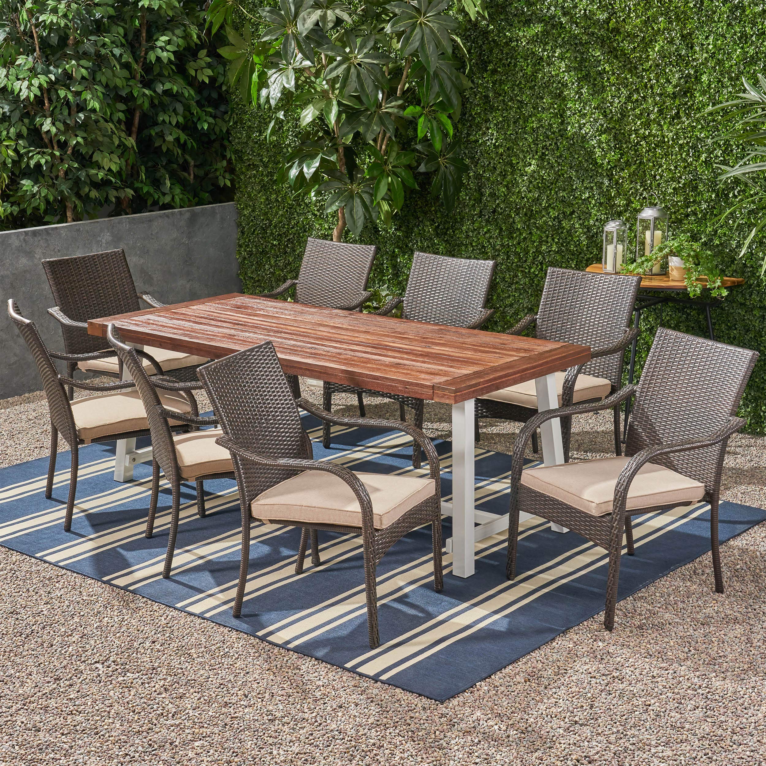 Premium 8-Piece Outdoor Dining Set - Dark Brown Wood & Wicker Patio Furniture for Backyard, Garden, Poolside - Weather-Resistant 8-Seater Table with Chairs - Perfect for Entertaining, BBQs, and Al Fresco Dining