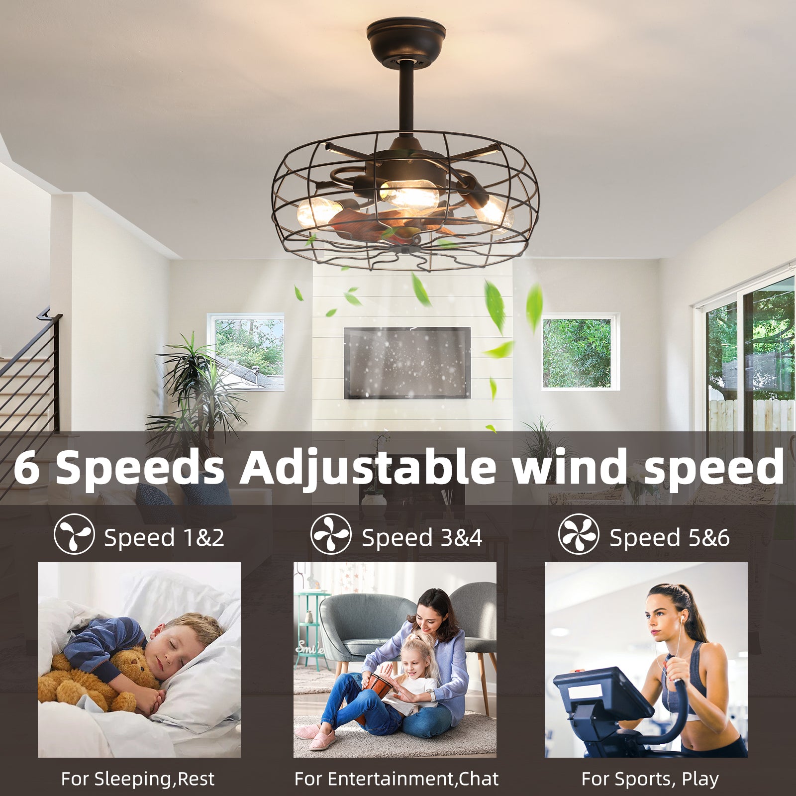 19 Inch Vintage Cage Ceiling Fan with Lights - Industrial Retro Style for Living Room, Bedroom, or Patio (Bulbs Not Covered by Warranty)