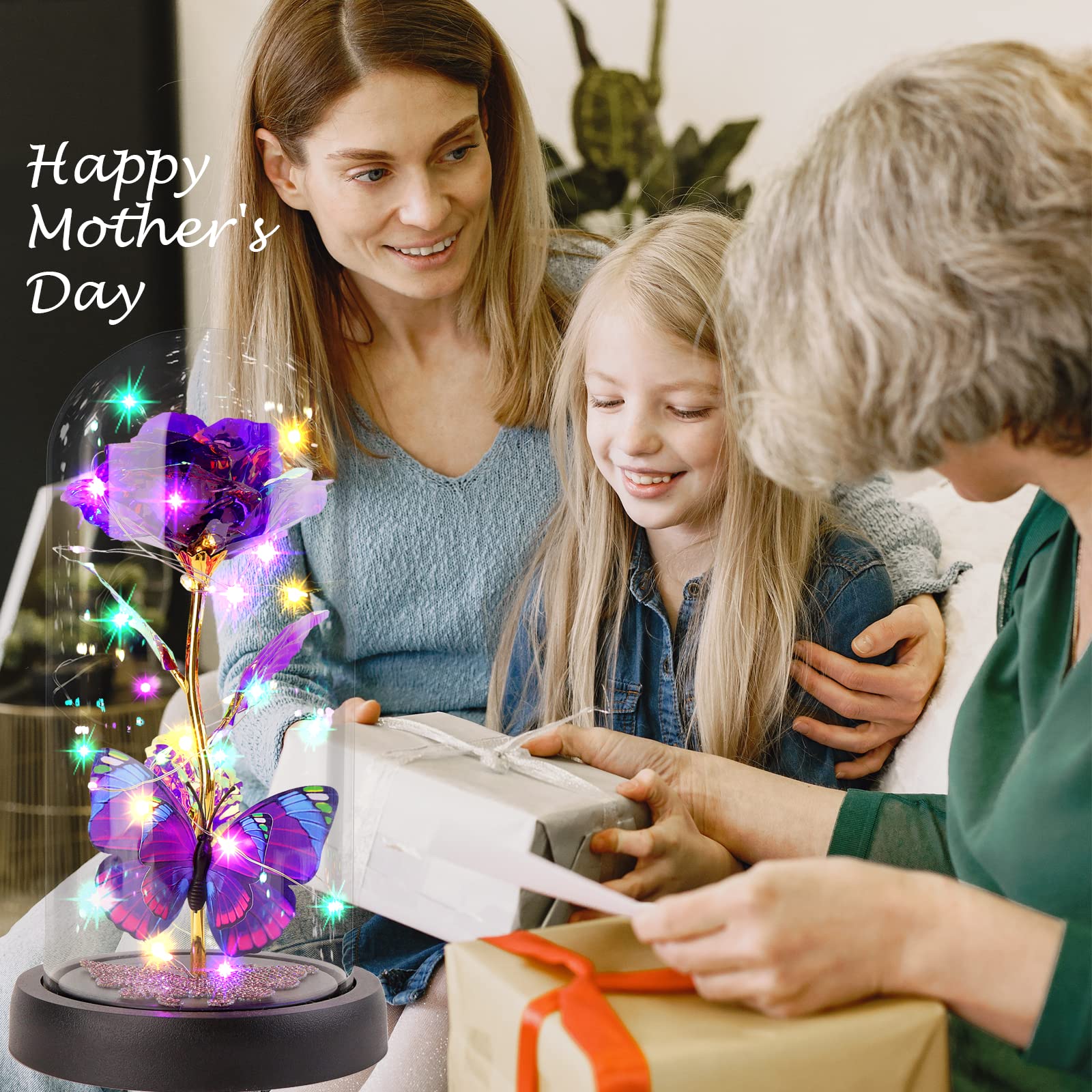 Galaxy Butterfly Rose in Glass Dome - LED Light Up Artificial Flower, Eternal Rose Gift for Women, Mom, Grandma - Valentine's Day, Birthday, Anniversary, Wedding Gift (Purple) - Perfect for Home Decor, Romantic Surprises & Special Occasions