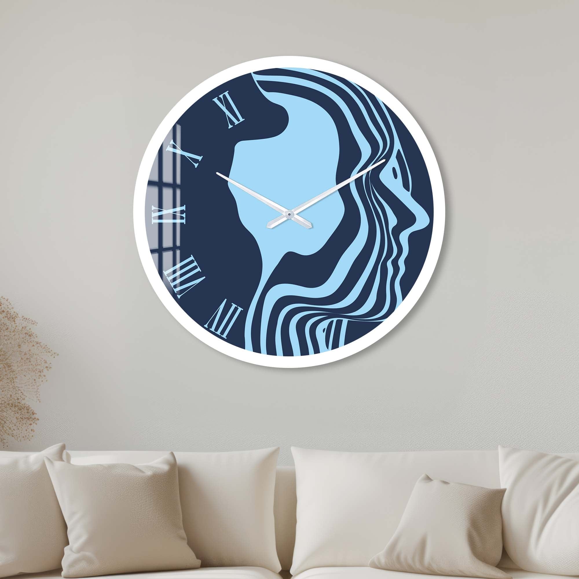 Blue Silhouette Glass Wall Clock - Modern Decorative Clock for Living Room, Bedroom & Office - Silent Non-Ticking Battery Operated