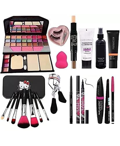 **SIRF TUM 7-in-1 Makeup Kit with 7 Black Makeup Brushes – Contour Stick, Primer, Fixer, Foundation, Kajal, 36H Eyeliner, Eyelashes & Curler, Beauty Blender, 3-in-1 Liner, Mascara, Eyebrow Pencil – Complete Makeup Set for Professional & Everyday Use (Pack of 20)**