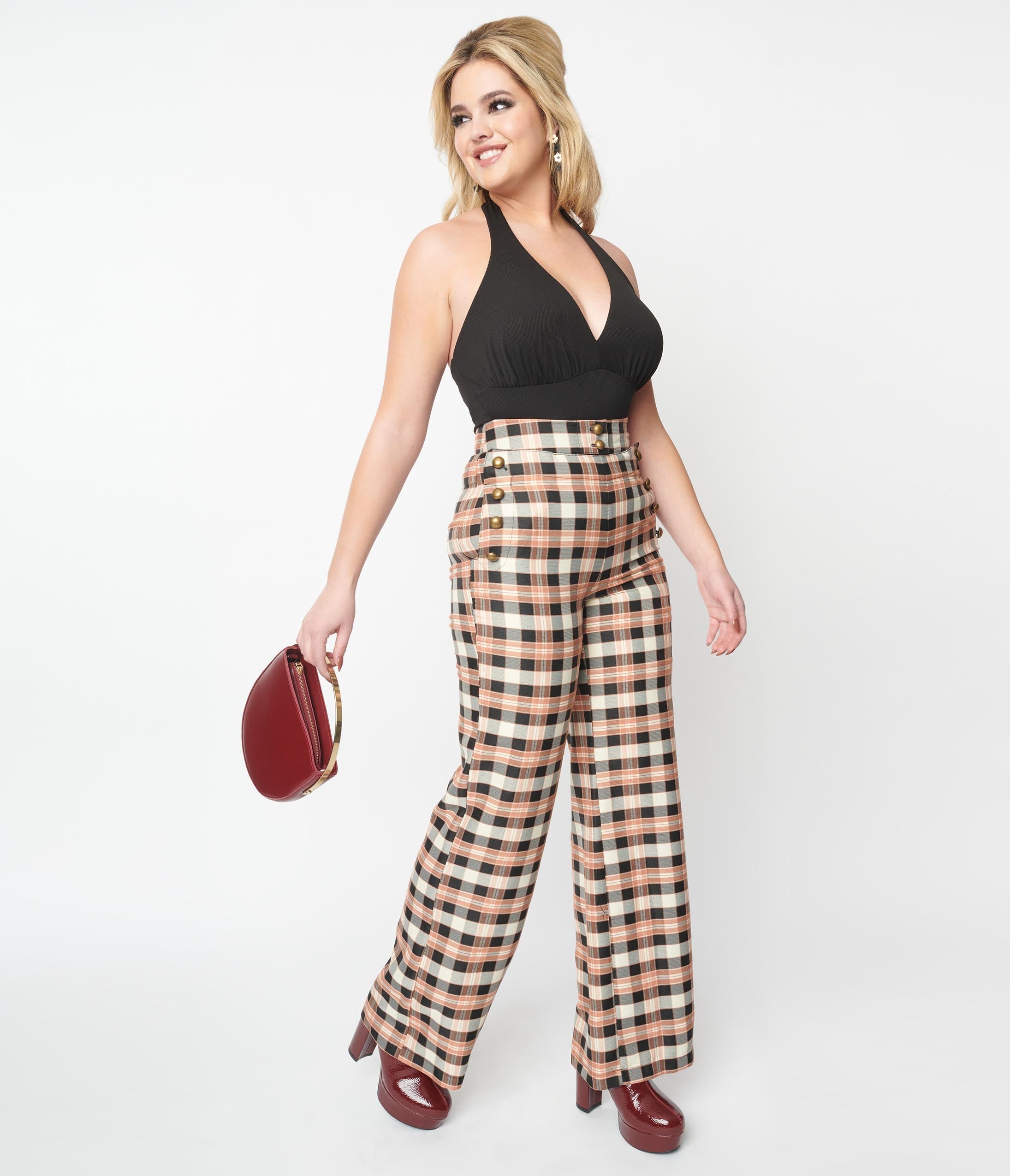 Vintage 1940s Black & Tan Plaid Sailor Pants - Retro High Waisted Trousers for Women | Perfect for Cosplay, Historical Reenactments & Vintage Fashion Outfits