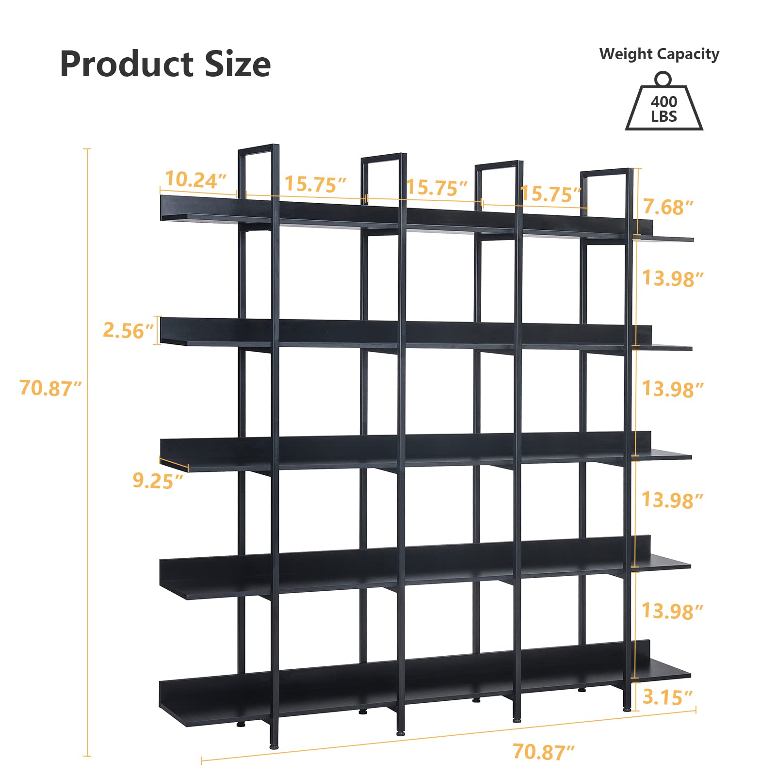 KIVENJAJA Triple Wide 5-Tier Bookshelf - Industrial Metal Frame Bookcase for Home & Office - Tall Open Storage Shelf for Bedroom, Living Room, Study - Perfect for Organizing Books, Decor & Display Items (Black)