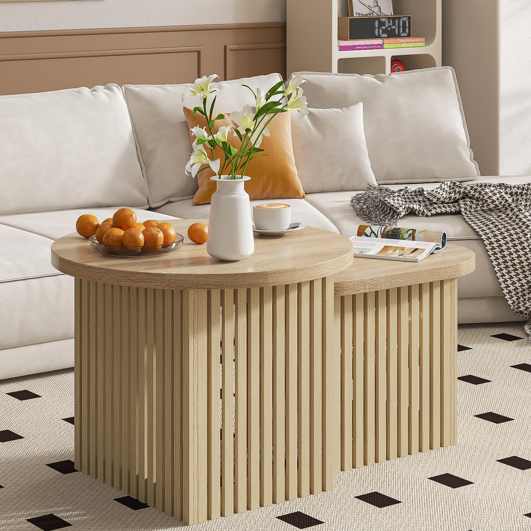 Modern Round Nesting Coffee Table Set of 2 with Fluted Panel & Storage Shelf - Natural Wood Living Room Accent Tables for Small Spaces, Sofa Side Tables, Home Decor