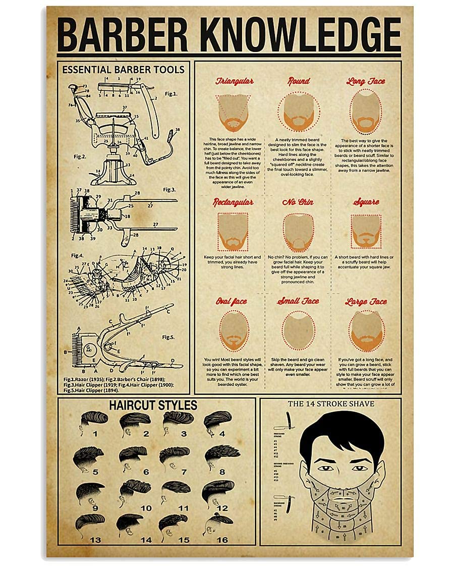 Vintage Barber Knowledge Metal Tin Sign - Barber Guide Poster for Barber Shop & Home Decor - 12x16 Inches Wall Art for Man Cave, Salon, Bedroom & Retro Style Interior