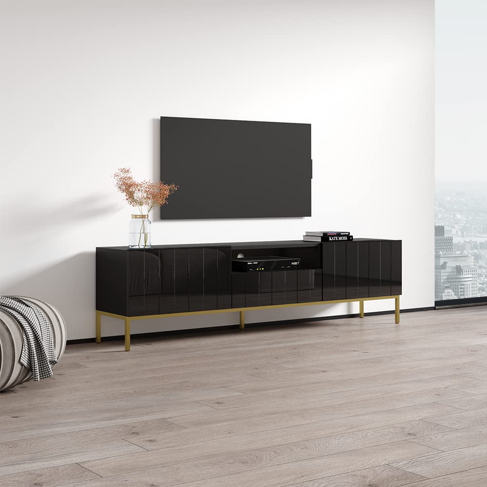Elegant Mid-Century Modern TV Stand with Storage Drawers - 85 Inch Media Console Table for Living Room, Bedroom & Home Theater - Black Rectangular Entertainment Center - Meble Furniture