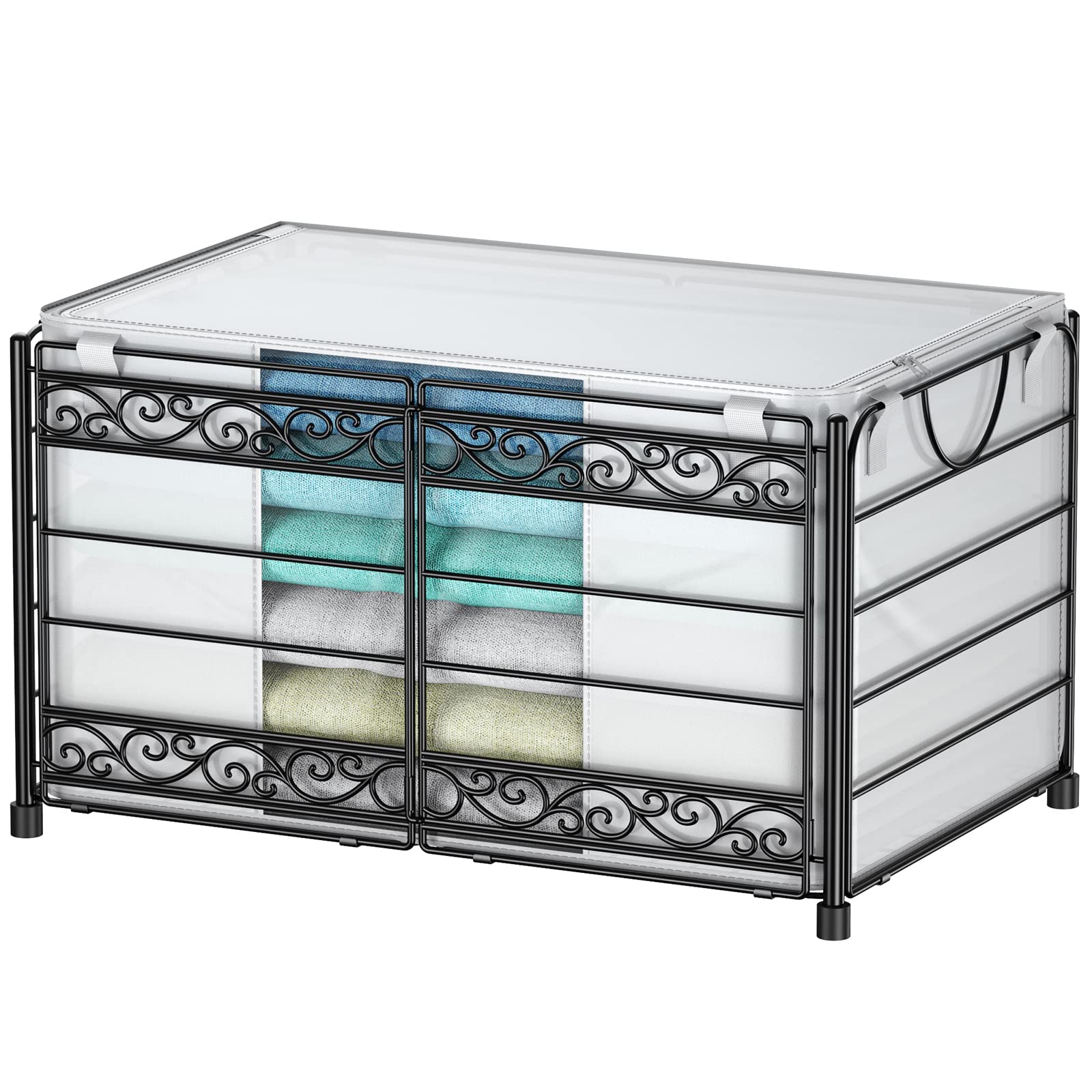 Stackable Metal Closet Storage Bins - 1 Pack Black Clothes Organizer with Reinforced Handle for Blankets, Clothing & Bedroom Storage | Space-Saving Wardrobe Solution for Small Spaces & Dorm Rooms