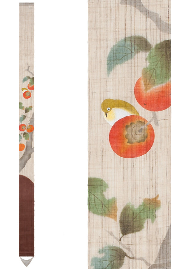 Hand-Dyed Linen Japanese Narrow Tapestry - Persimmon & White-Eye Bird Design | Kyoto Noren Traditional Wall Hanging Scroll for Home Decor, Room Divider & Asian-Inspired Interior Design