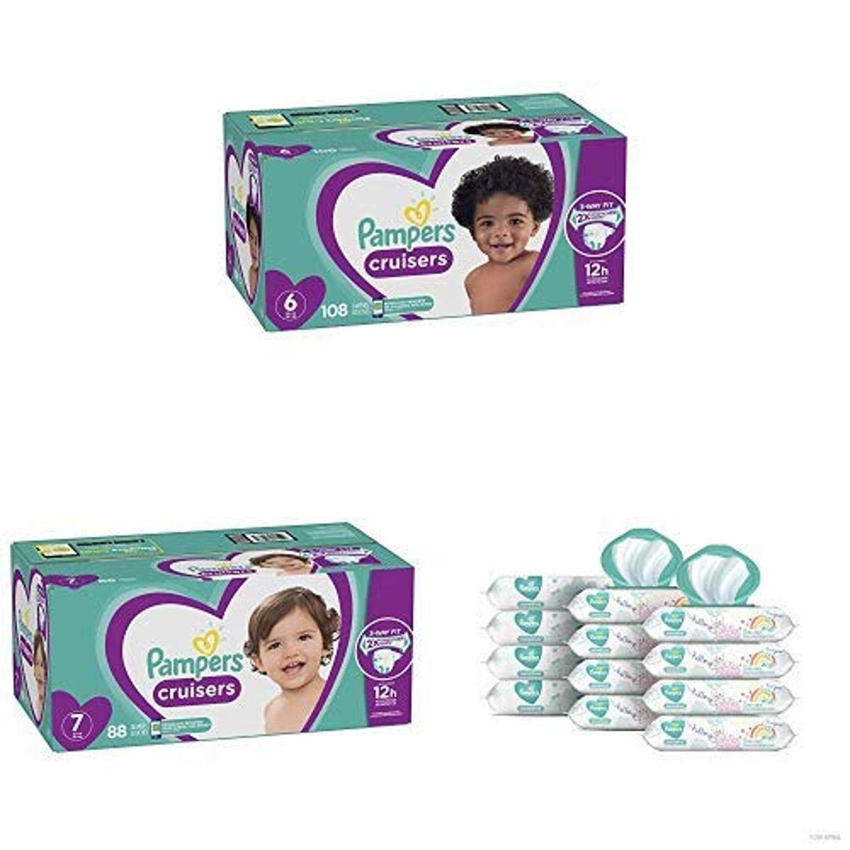 Pampers Cruisers Disposable Baby Diapers Size 6 (108 Count) & Size 7 (88 Count) Bundle with Sensitive Water-Based Baby Wipes (12 Pop-Top & Refill Packs, 864 Wipes) - Soft, Hypoallergenic for Newborns & Toddlers - Perfect for Daycare, Travel & Overnight Protection
