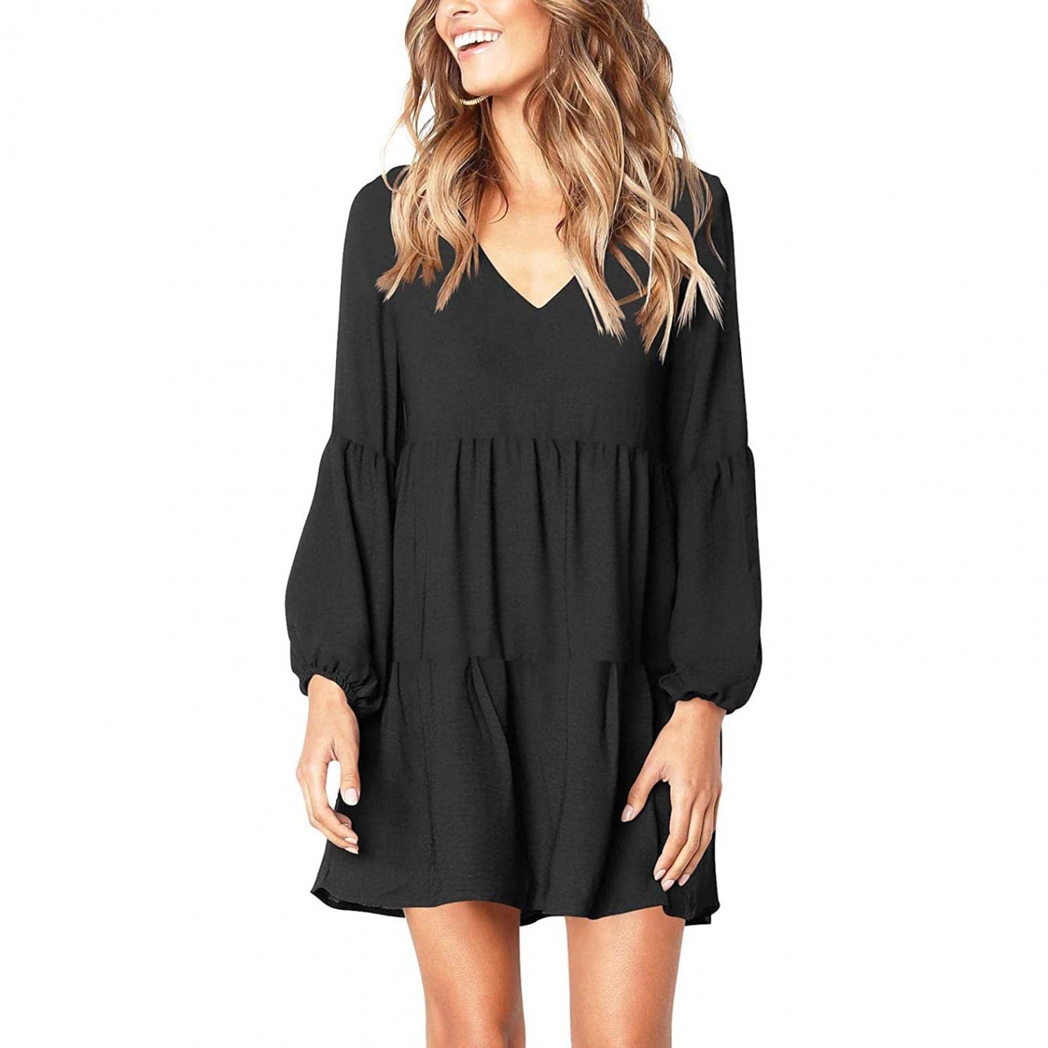 FABIURT Women's Long Sleeve Ruffle Swing Dress - Elegant Babydoll Tunic Mini Dress for Juniors | Perfect for Casual Wear, Date Nights & Office Outfits