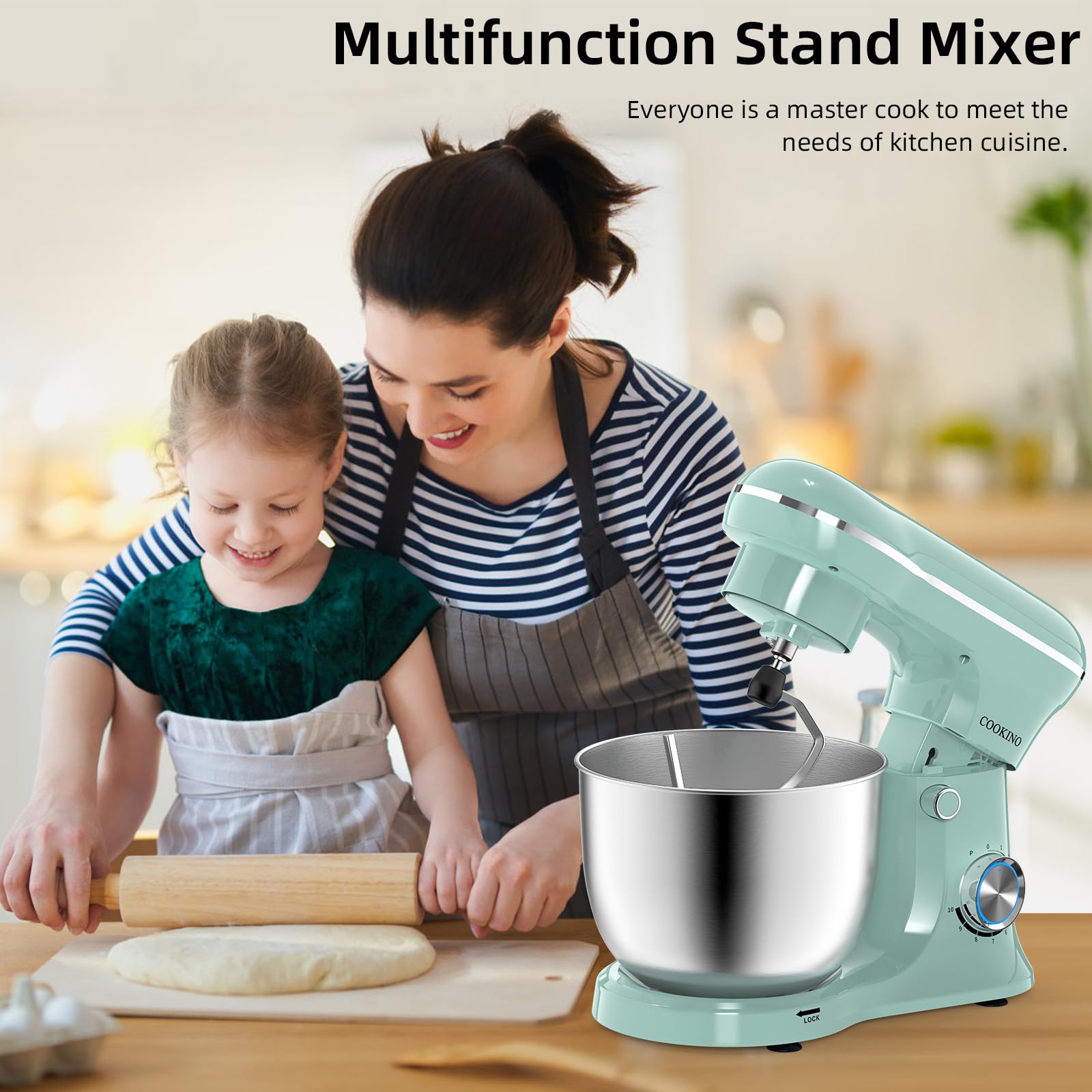 10-Speed Electric Stand Mixer with 5.5 QT Bowl - 3-in-1 Kitchen Mixer with Dough Hook, Beater & Whisk (Agave Green) - Perfect for Baking, Whipping Cream & Kneading Dough