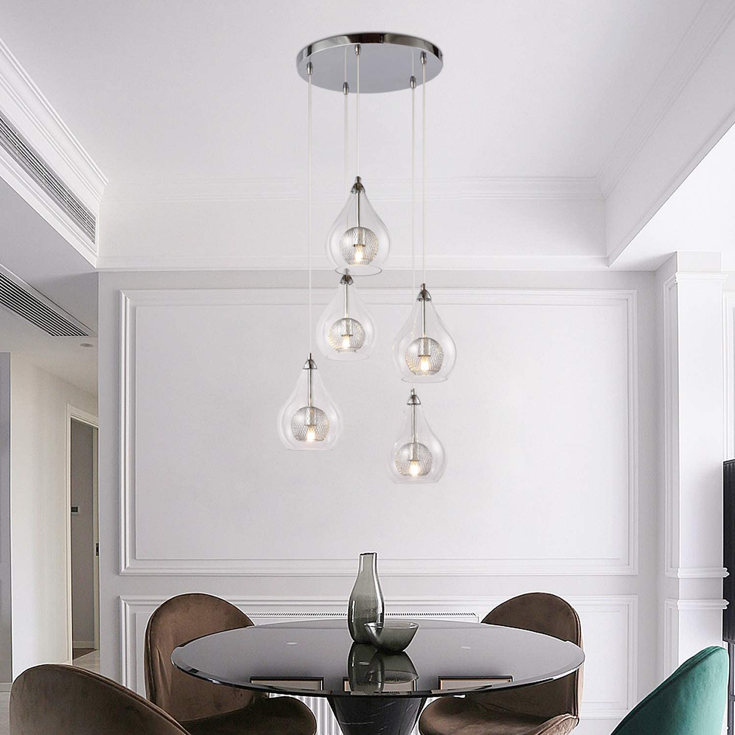 Maxax 5-Light Raindrop Glass Chandelier - Modern Clear Glass Shade Pendant Lighting Fixture - Adjustable Contemporary Ceiling Light for Kitchen, Dining Room, Living Room - Chrome Finish - Perfect for Home Decor, Wedding Venues & Restaurant Lighting