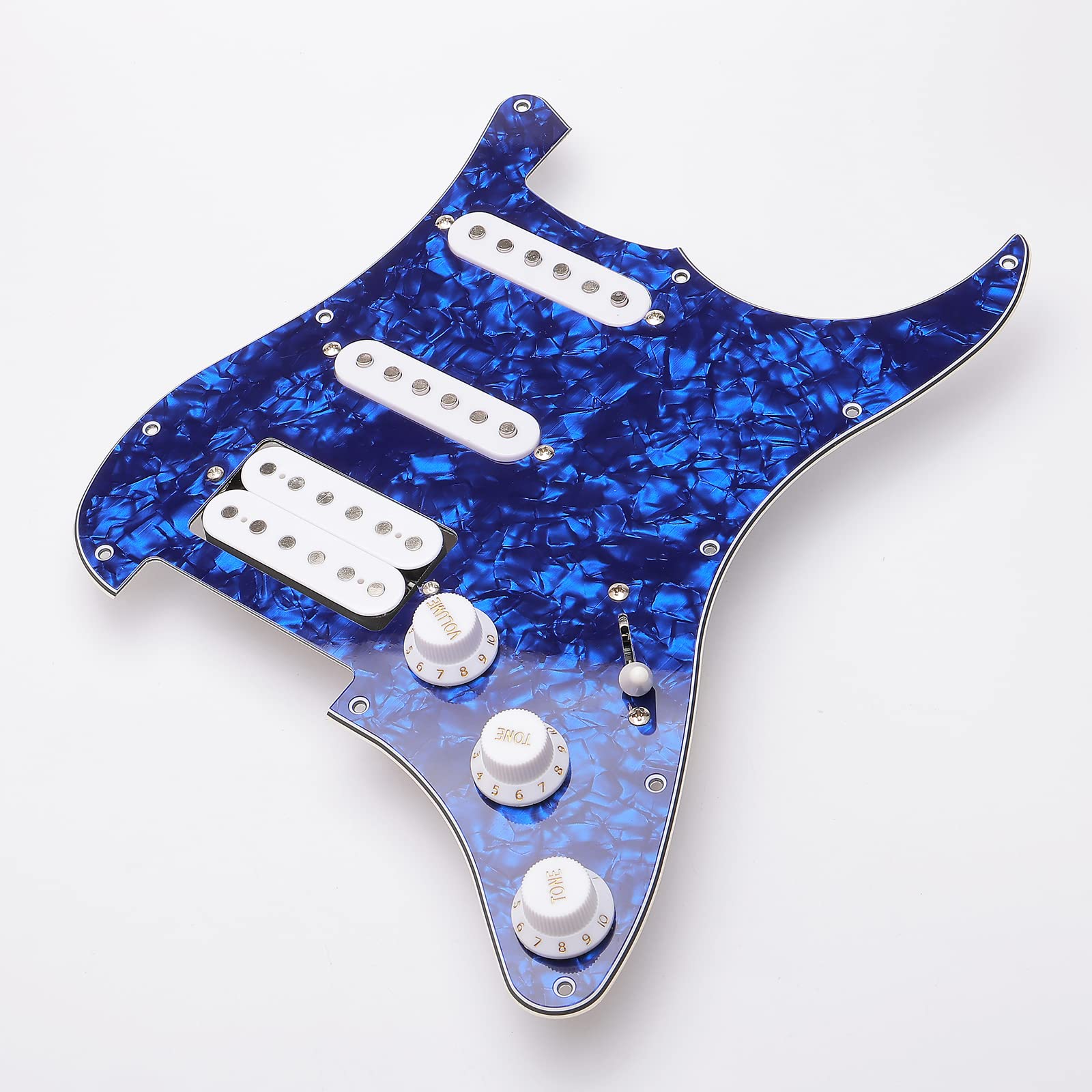 11 Hole Loaded Guitar Pickguard SSH with White Pickup Humbucker - Prewired Scratch Plate Set for Fender Stratocaster, 4 Ply Blue Pearl - Includes Guitar Strings & Installation Tools - Perfect for Electric Guitar Upgrades & DIY Repairs