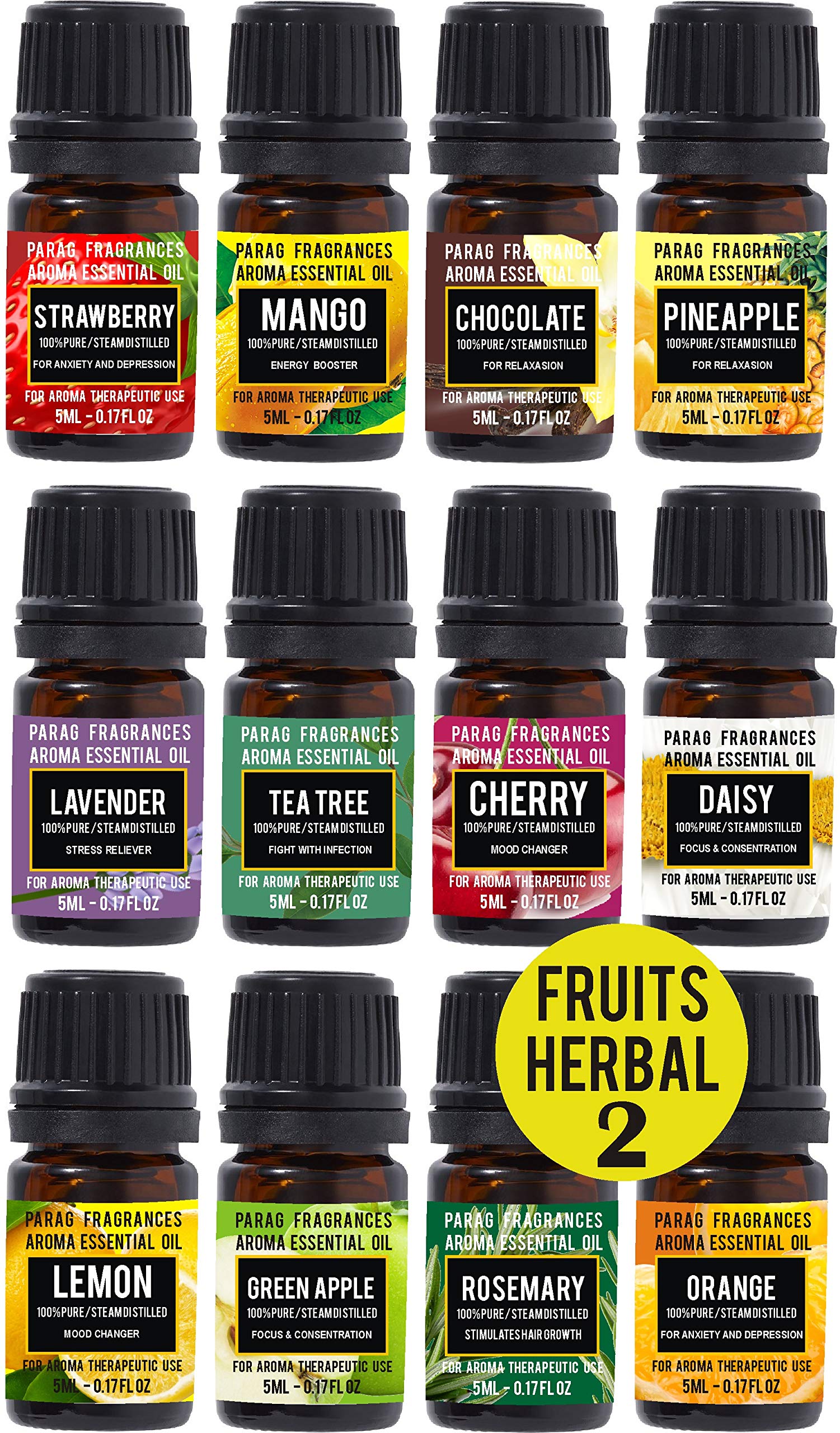 12-in-1 Parag Fragrances Essential Oil Set - Strawberry, Rosemary, Mango, Lavender, Tea Tree, Pineapple, Daisy, Lemon, Green Apple, Chocolate, Orange & Cherry | Aromatherapy, Diffuser, Massage & DIY Beauty | Perfect for Home Spa, Relaxation & Gift Giving