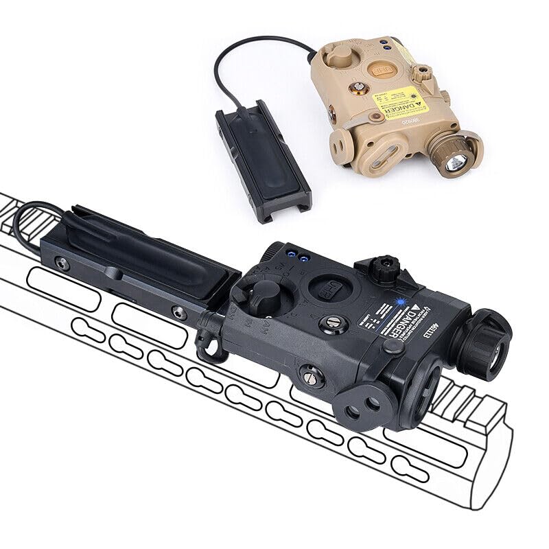 PEQ15 Tactical Laser Sight with Pressure Switch - IR Laser, Red/Green/Blue Laser & Strobe/Constant White Light - 20mm Rail Mount for AR15, M4, M16 - Perfect for Hunting, Airsoft & Tactical Training (Tan, Blue Laser)
