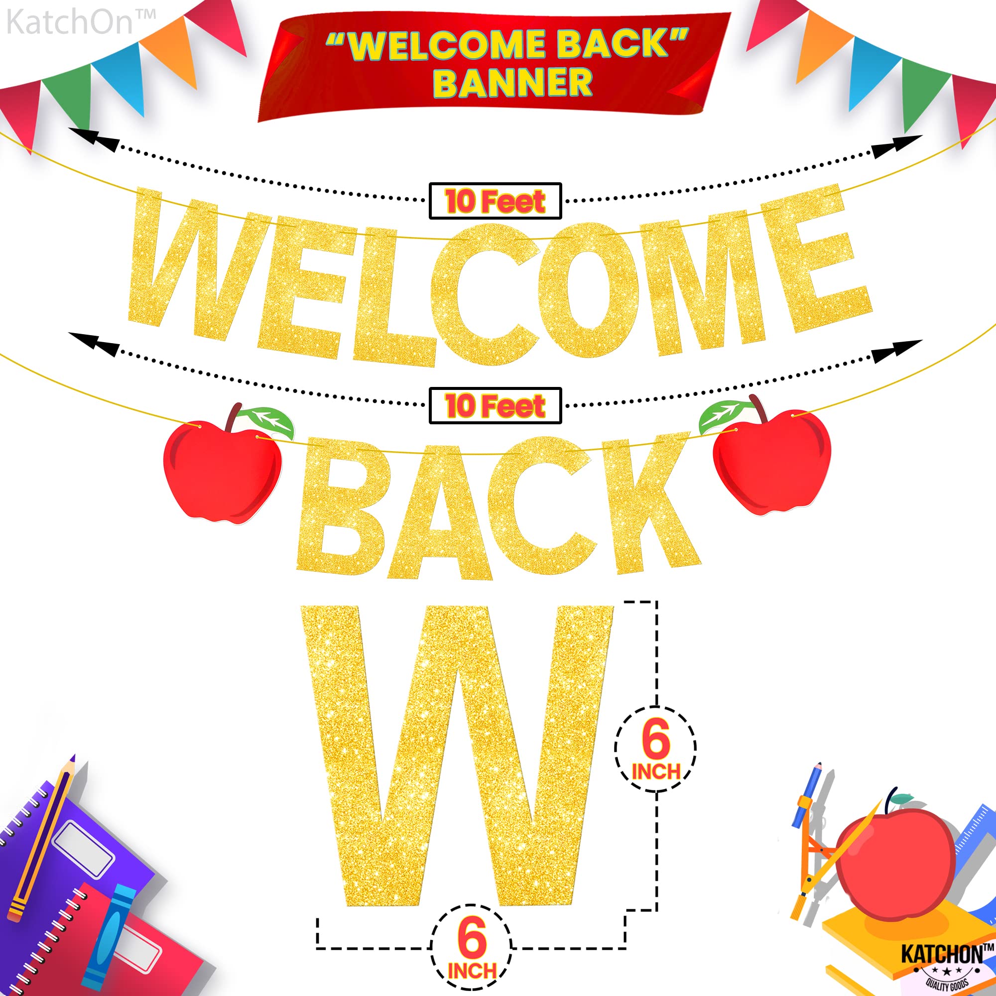 KatchOn 10ft Glitter Welcome Back to School Banner - Apple Themed Classroom Decorations for First Day of School | Perfect for Bulletin Boards, Classroom Walls & School Events