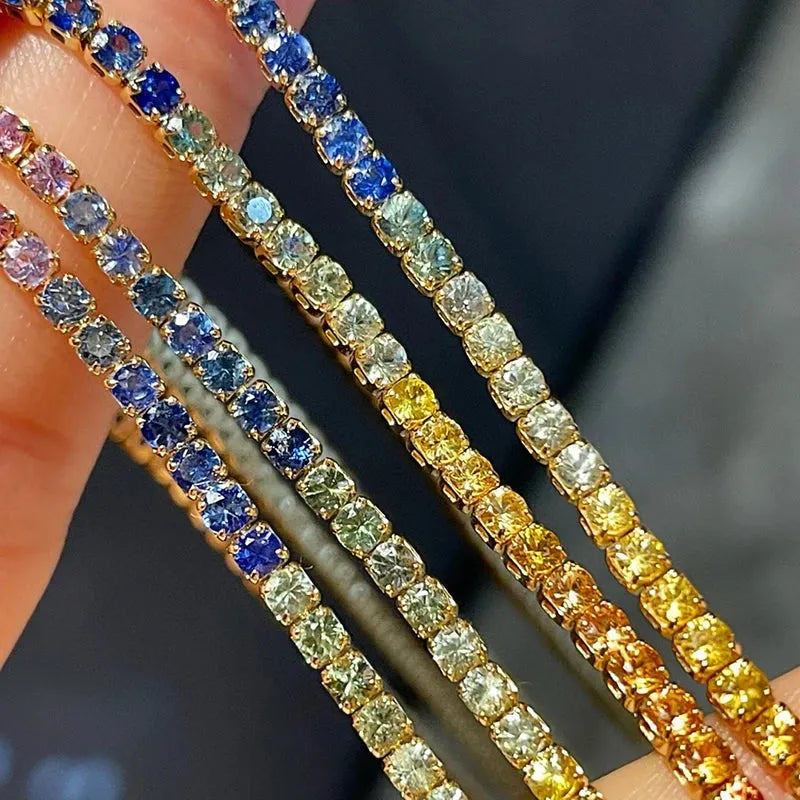 18K Pure Yellow Gold Natural Multi-Color Sapphire Tennis Bracelet for Women | Elegant Classic Jewelry for Engagement, Wedding, Anniversary & Special Occasions