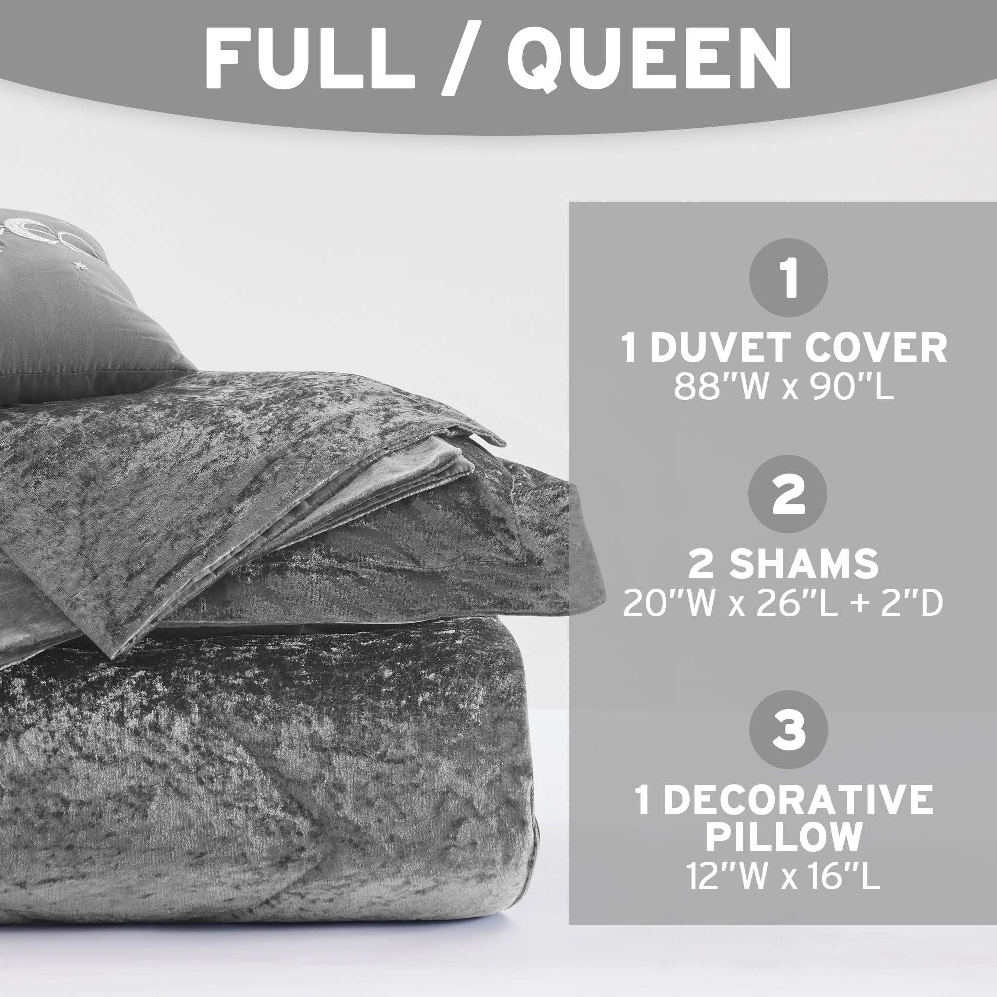 Luxury Velvet Queen Duvet Cover Set - Diamond Quilting Grey Bedding with Decorative Pillow & 2 Shams (4-Piece) - Soft Fluffy Comforter Cover for Full/Queen Bed - Perfect for Master Bedroom, Guest Room & Cozy Winter Nights