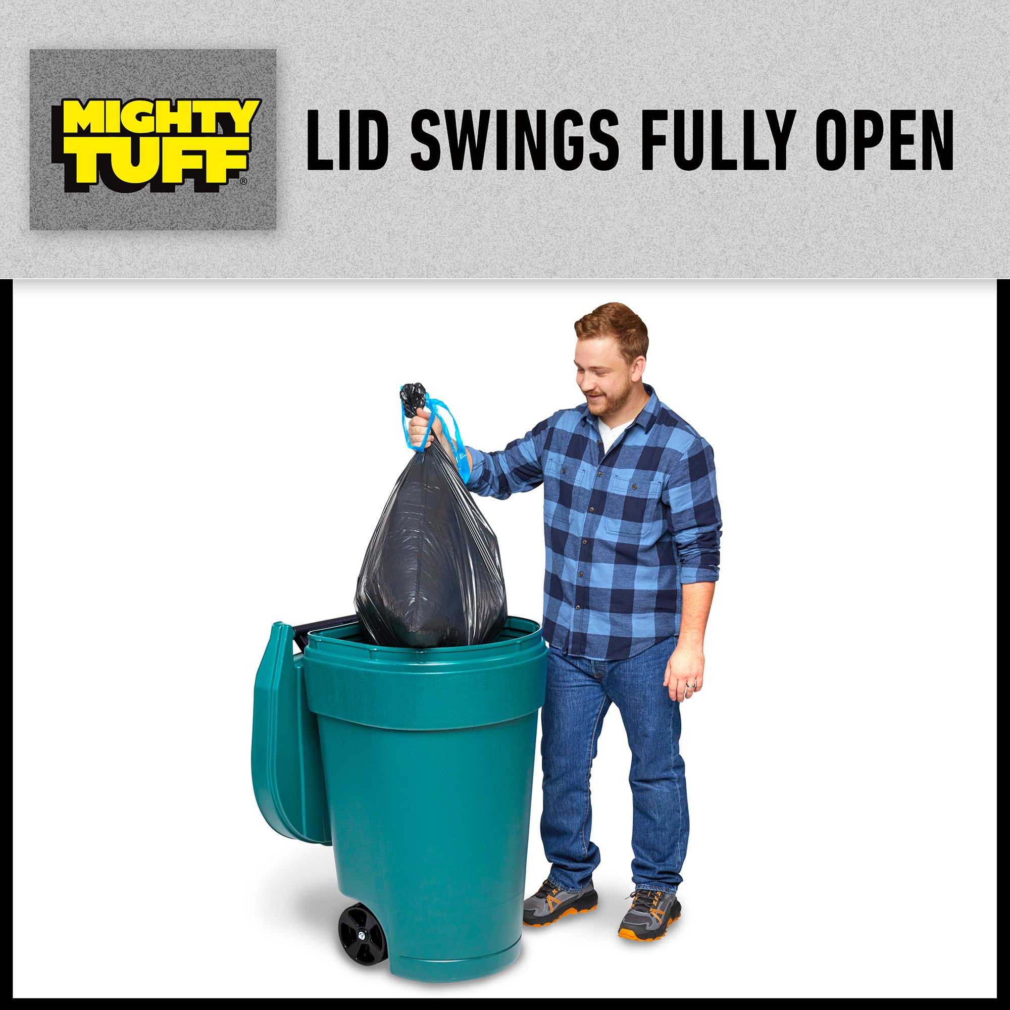 Mighty Tuff 50-Gallon Wheeled Trash Can - Heavy Duty Outdoor Garbage Bin with Lid & Wheels - Durable, Weather-Resistant for Home, Yard, Garage & Commercial Use