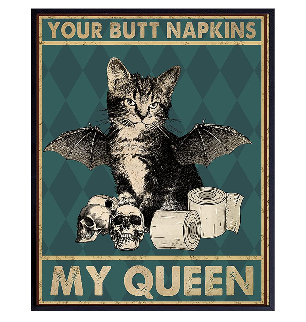 Funny Black Cat Wall Art - Gothic Bathroom Decor for Women - Cute Kitty Prints & Bat Picture for Goth Home Decor | Perfect for Halloween, Gothic Room Aesthetics & Unique Cat Lover Gifts