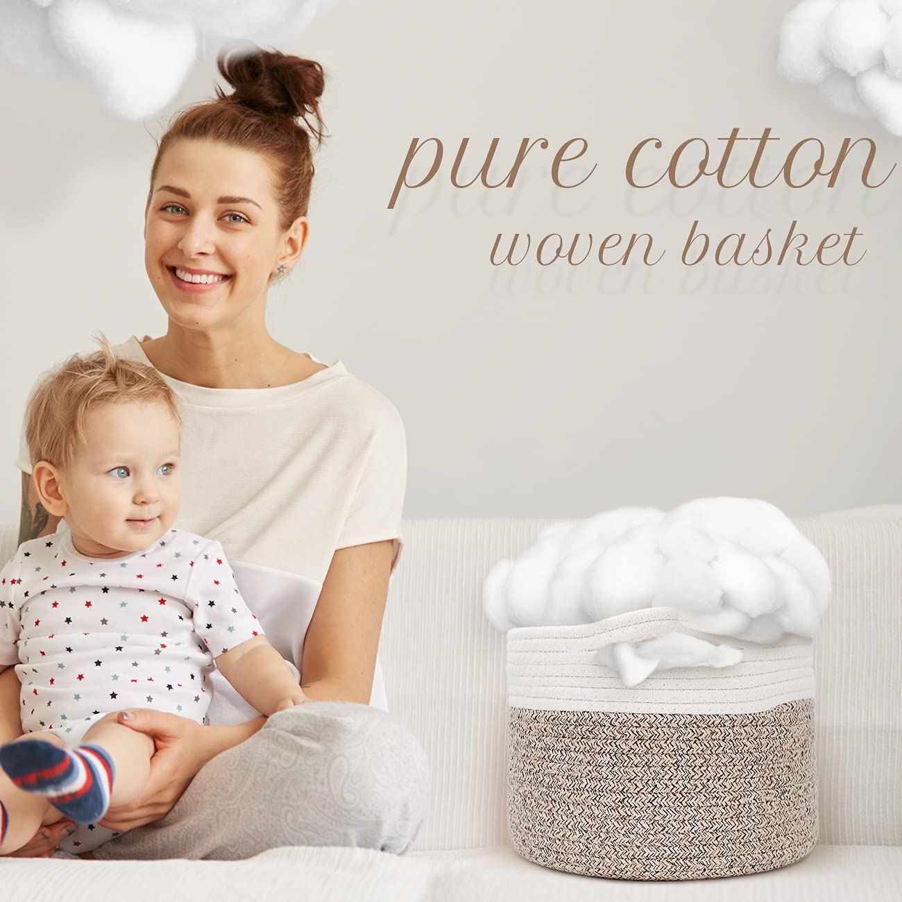 Round Woven Rope Basket with Handle - 9.5x9.5x7.1 Inch Cotton Storage Basket for Nursery, Shelf & Home Decor - Brown Beige Mixed Design - 8.2L Capacity - Perfect for Baby Room Organization, Bathroom Towels & Living Room Storage