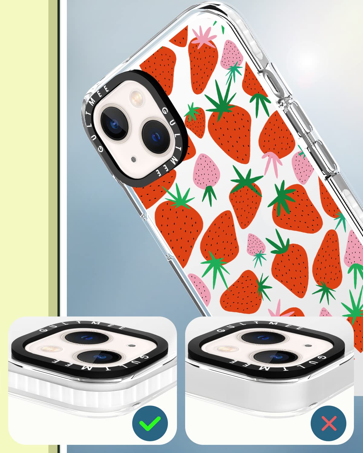 3 in 1 Cute Strawberry iPhone 13 Case with Built-in Bumper, Shockproof Protective Cover, Tempered Glass Screen Protector & Camera Lens Protector - Perfect for Everyday Use, Travel & Outdoor Activities